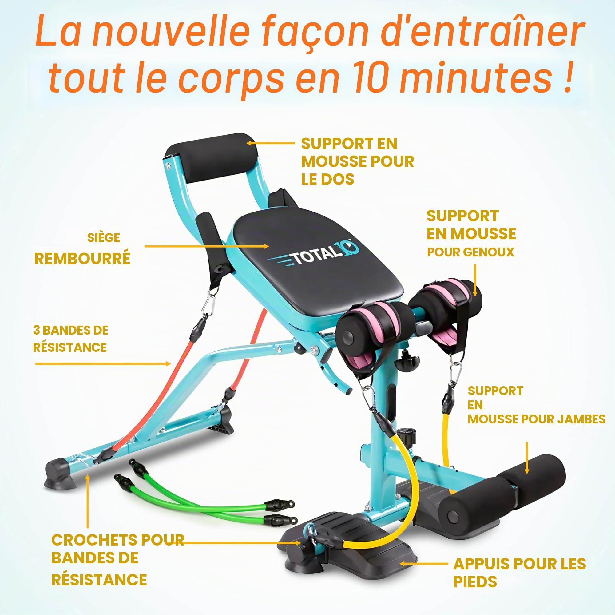 Banc multi-exercice TOTAL 10. Entraînez tout le corps à la maison et améliorez votre posture en seulement 10 minutes par jour. Sans impact sur les articulations. Pliable, sûr, réglable. Avec 6 bandes