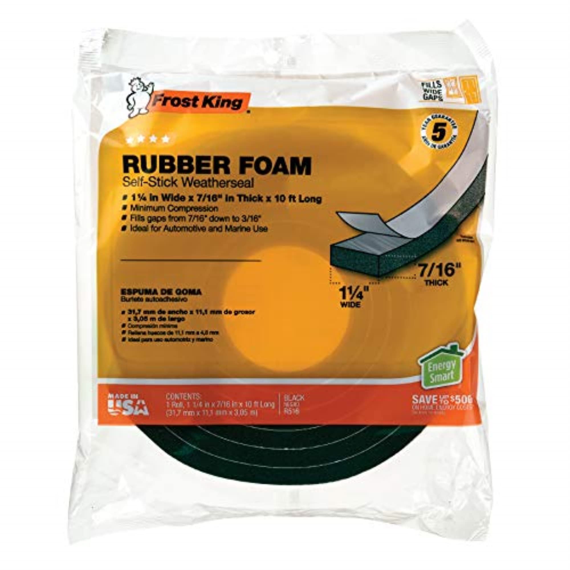 Frost KingR516H 1-1/4-Inch by 7/16-Inch by 10-Foot Thick Sponge Rubber Foam Tape, Black, 1-1/4"W, 5/16" T