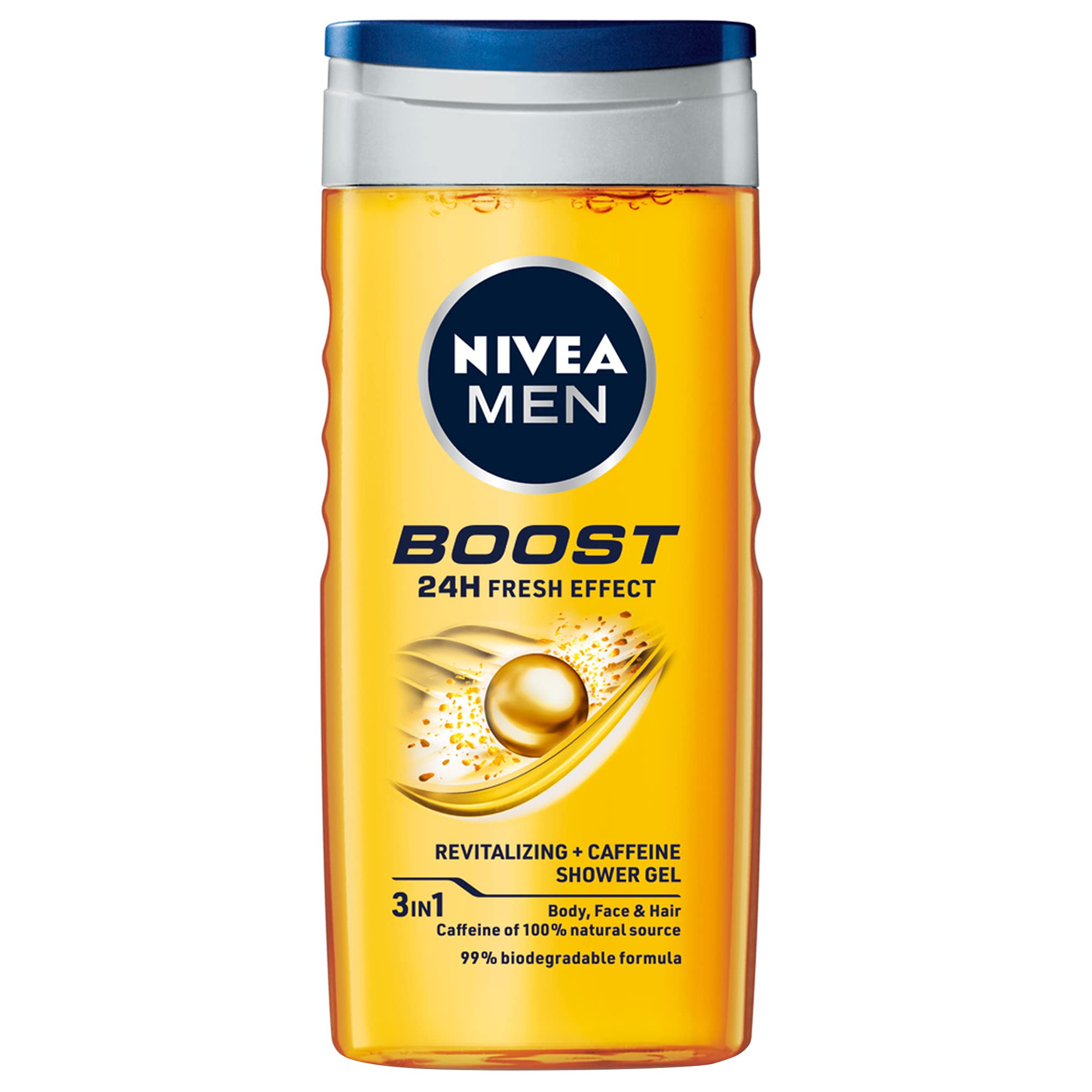 NIVEA MEN Boost Shower Gel 250ml – Energising Body Wash & Shampoo for Men, Rich Lather Cleanses Body and Hair in One, Invigorating Scent for a Refreshing, Wake-Up Shower Every Morning