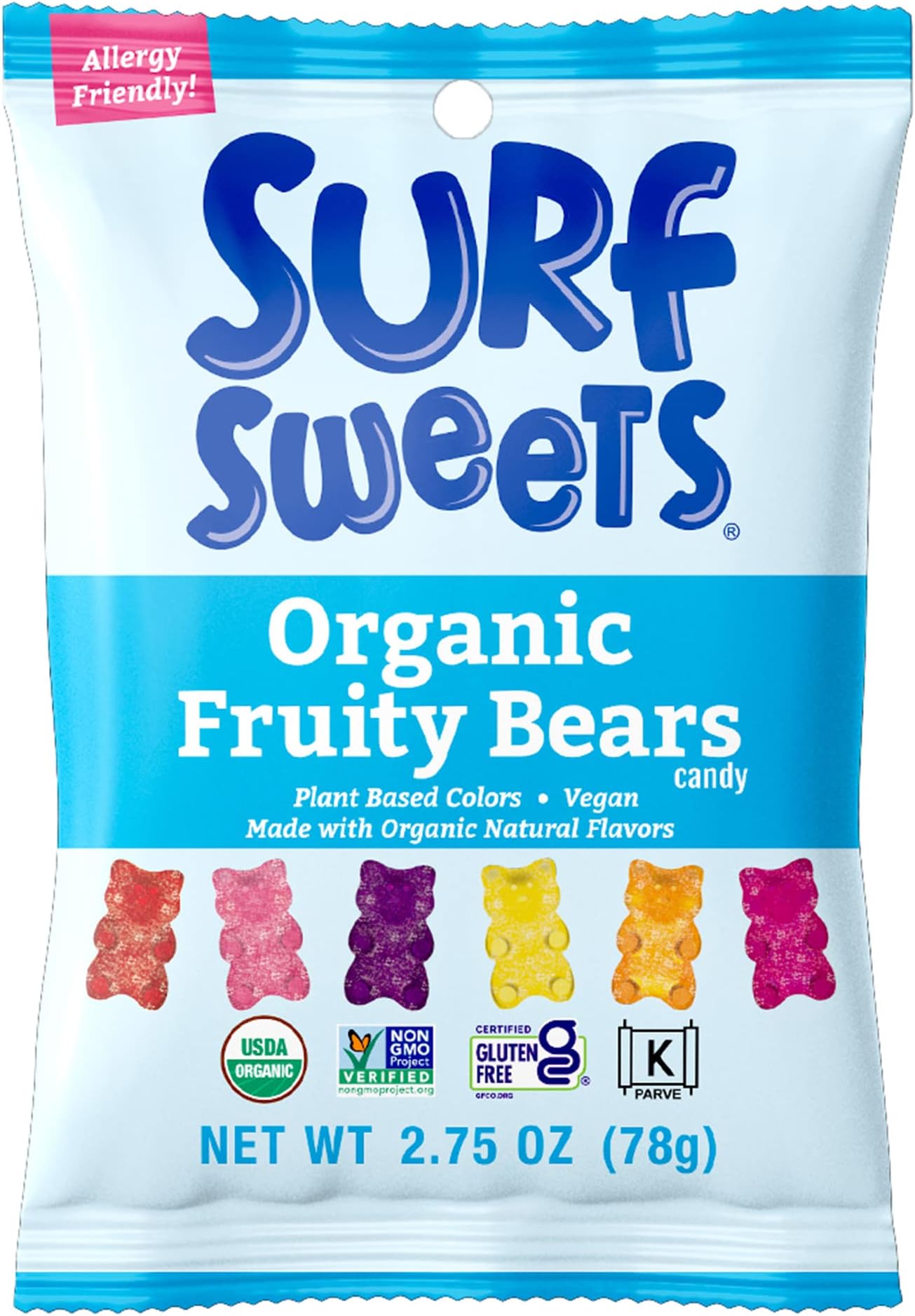 Surf Sweets Organic Fruity Bears, Non GMO Project Verified, Gluten Free, Nut-Free, Vegan & No Artificial Colors or Flavors, 2.75 oz (Pack of 12)