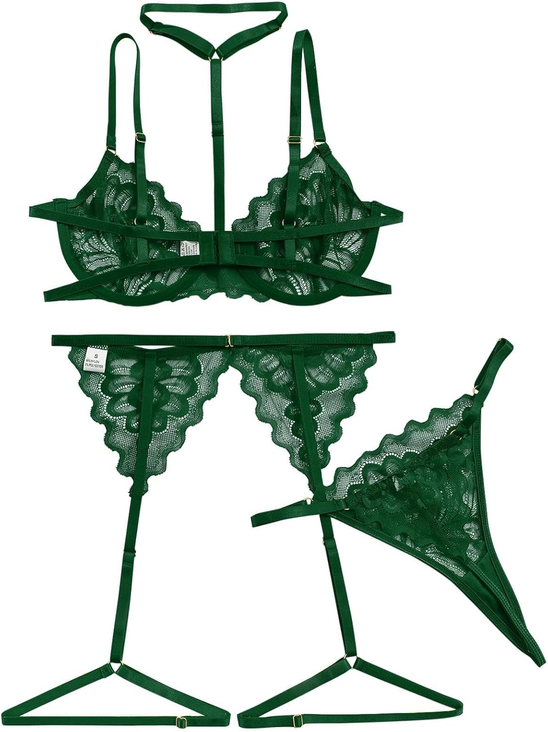 Sexy Choker Scallop Underwire Floral Lace Sheer Garter Belt Lingerie Set 3 Piece - Image 2