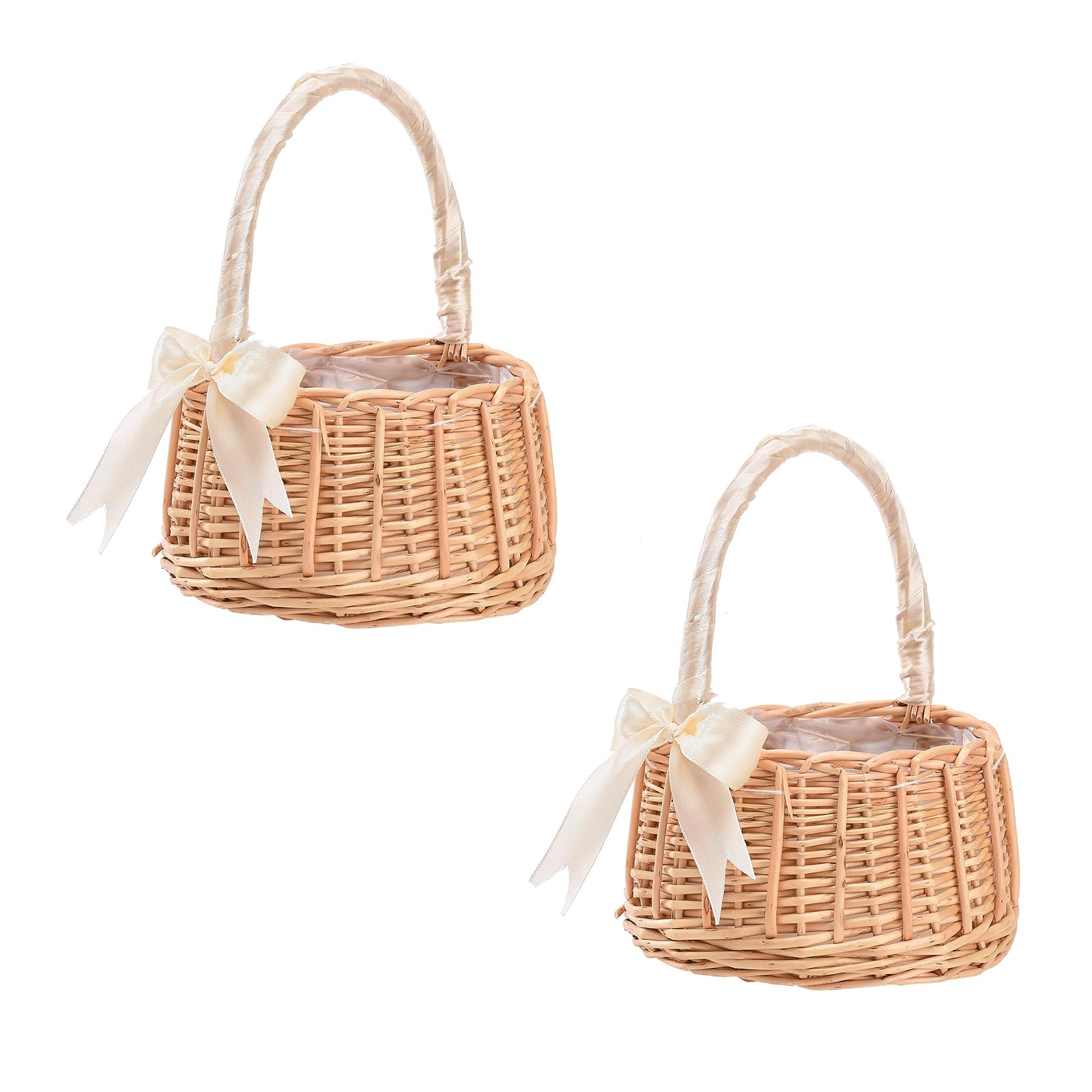 Wicker Rattan Flower Girl Basket Set of 2 Small Wedding Flower Baskets with White Silk Ribbon Handle Handwoven Wedding Flower Girl Basket Eggs Candy Storage Basket for Wedding Flower Girl (S)