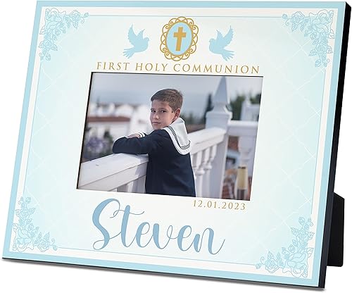 Regalos de primera comunión para niños, marco de fotos personalizado de la primera comunión con nombre y fecha, 2 orientaciones para fotos de 4 x 6