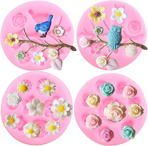 Miniatura 7 de Mujiang Moldes de silicona 3D de búhos y pájaros para árbol de ramas y hojas, molde de fondant para flores, chocolate, dulces, decoración