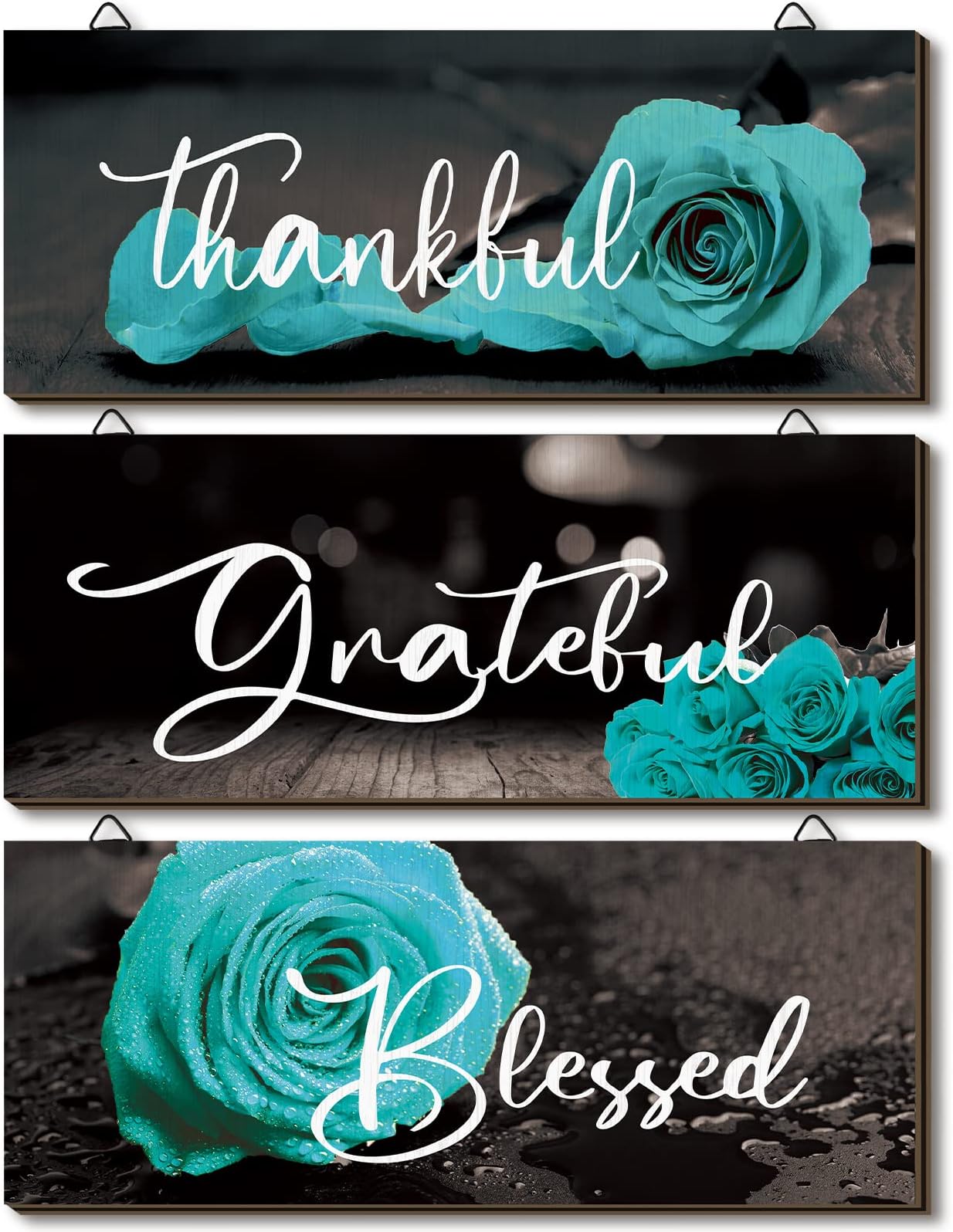 Hillban 3 Pieces Rose Wooden Wall Decor Thankful Grateful Blessed Wooden Signs Inspirational Wall Art Signs Wedding Wall Decor for Room Kitchen Bathroom (Teal,10 x 4 Inch)