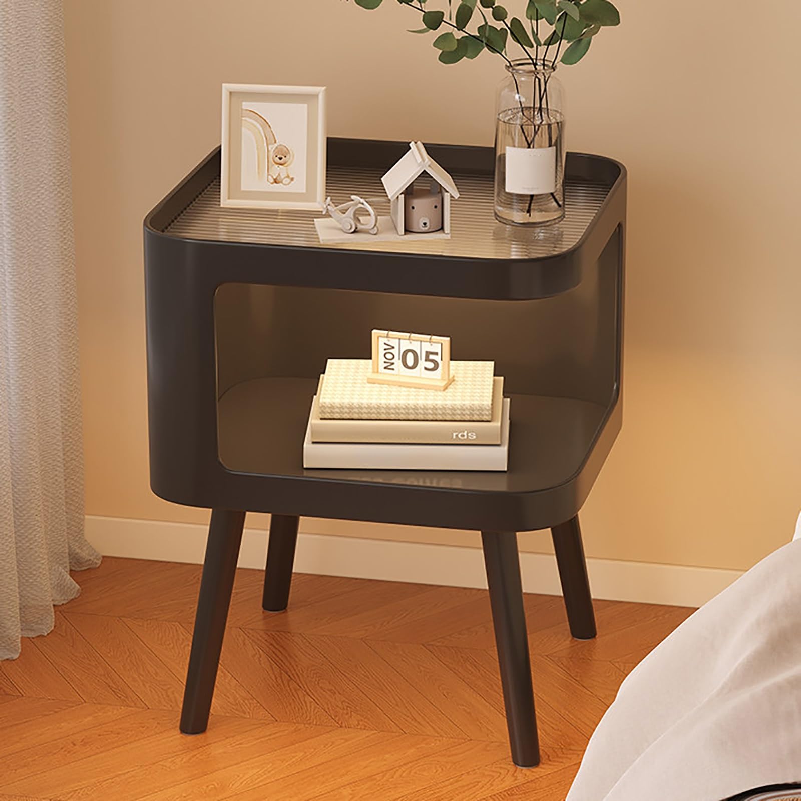 SXZenSpace Modern Nightstand with Glass Tabletops, Wrought Iron Bedside Tables Open Storage Shelf Night Stand for Bedroom Dorm and Small Spaces(Black,35x35x40cm)