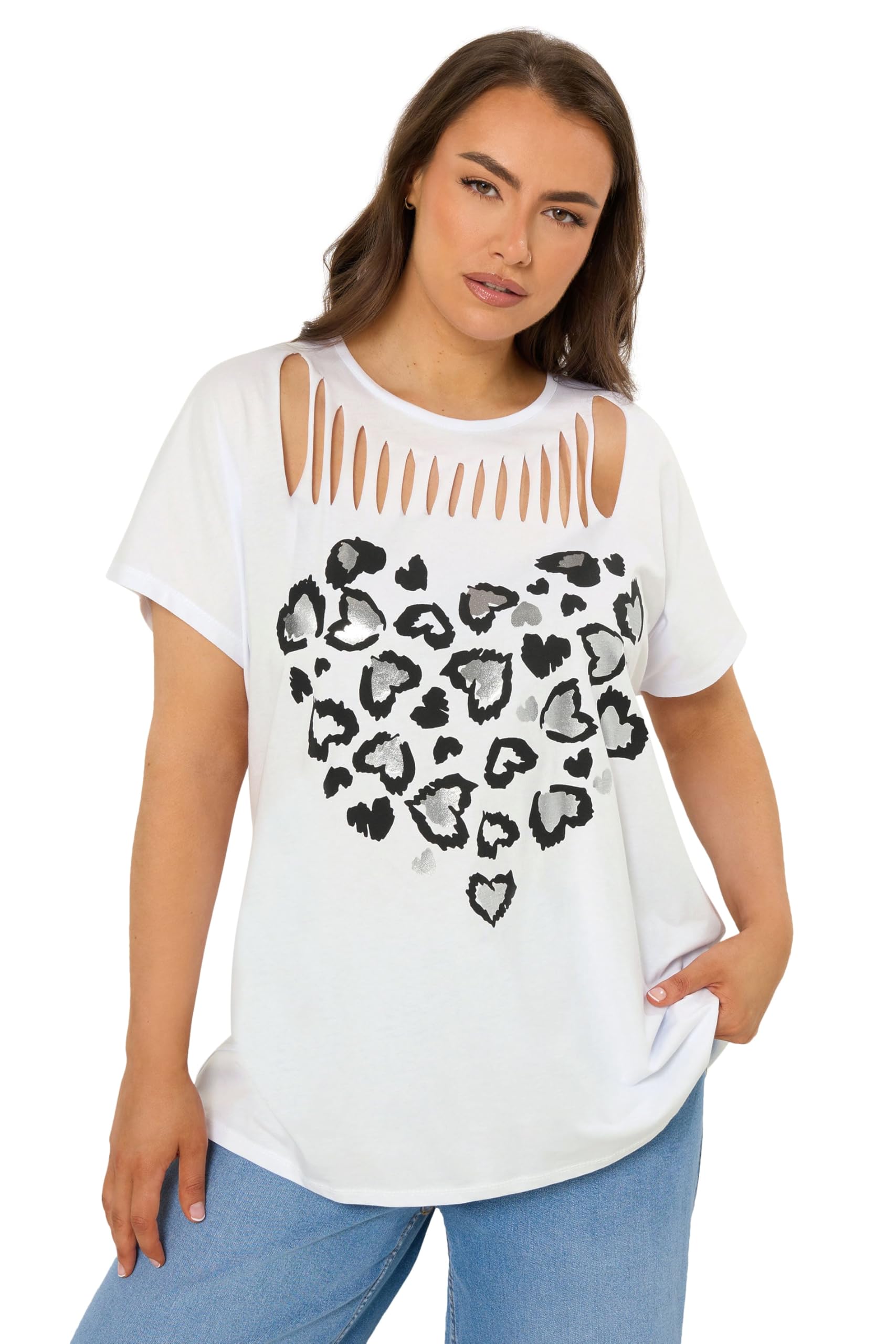 Yours Women's White Leopard Heart Slash Detail Top In | : Size 20