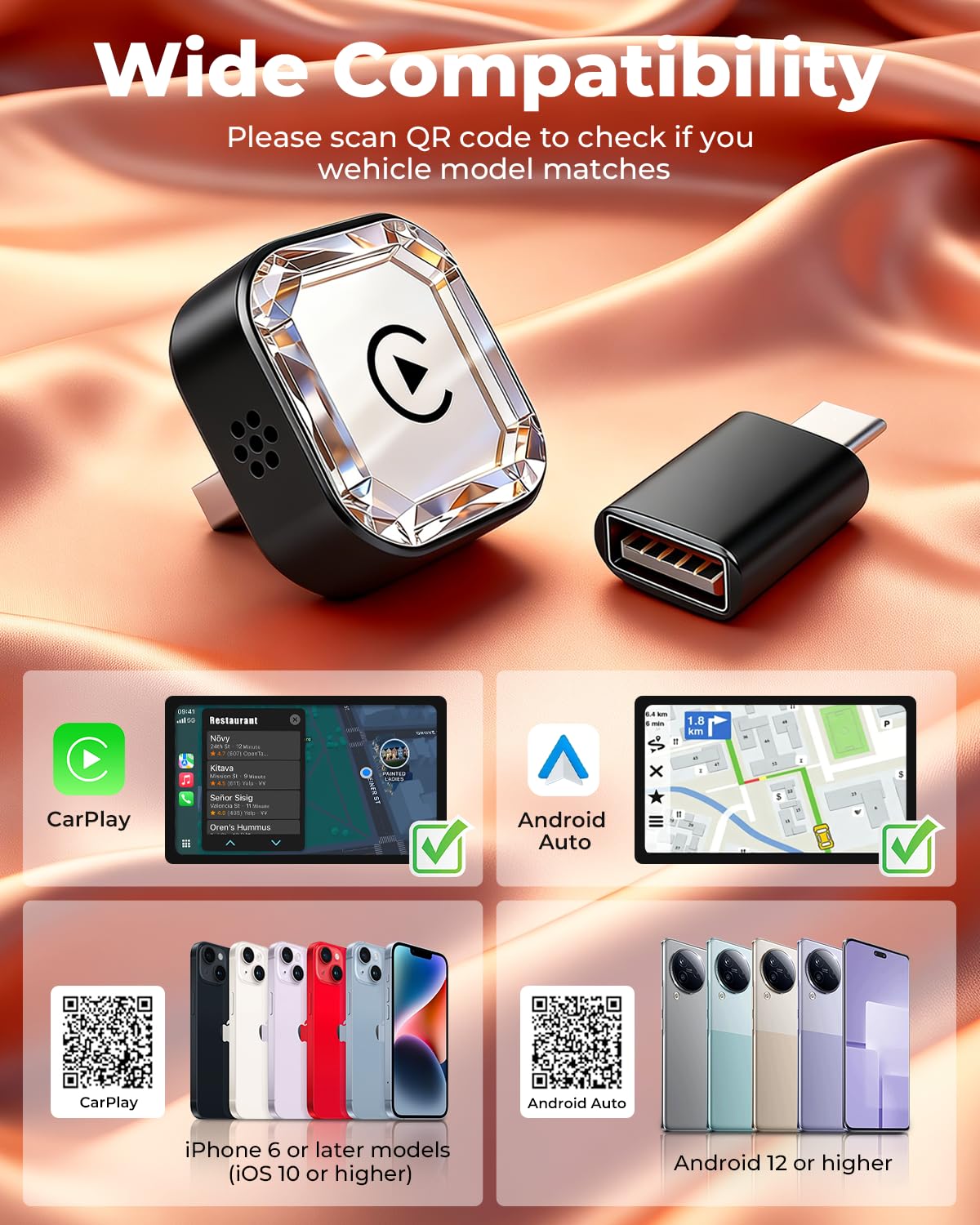 Wireless Carplay Adapter, 2026 Upgraded Mini Bluetooth Carplay Adapter for iPhone & Android Auto Compatible Cars (Black) - 2