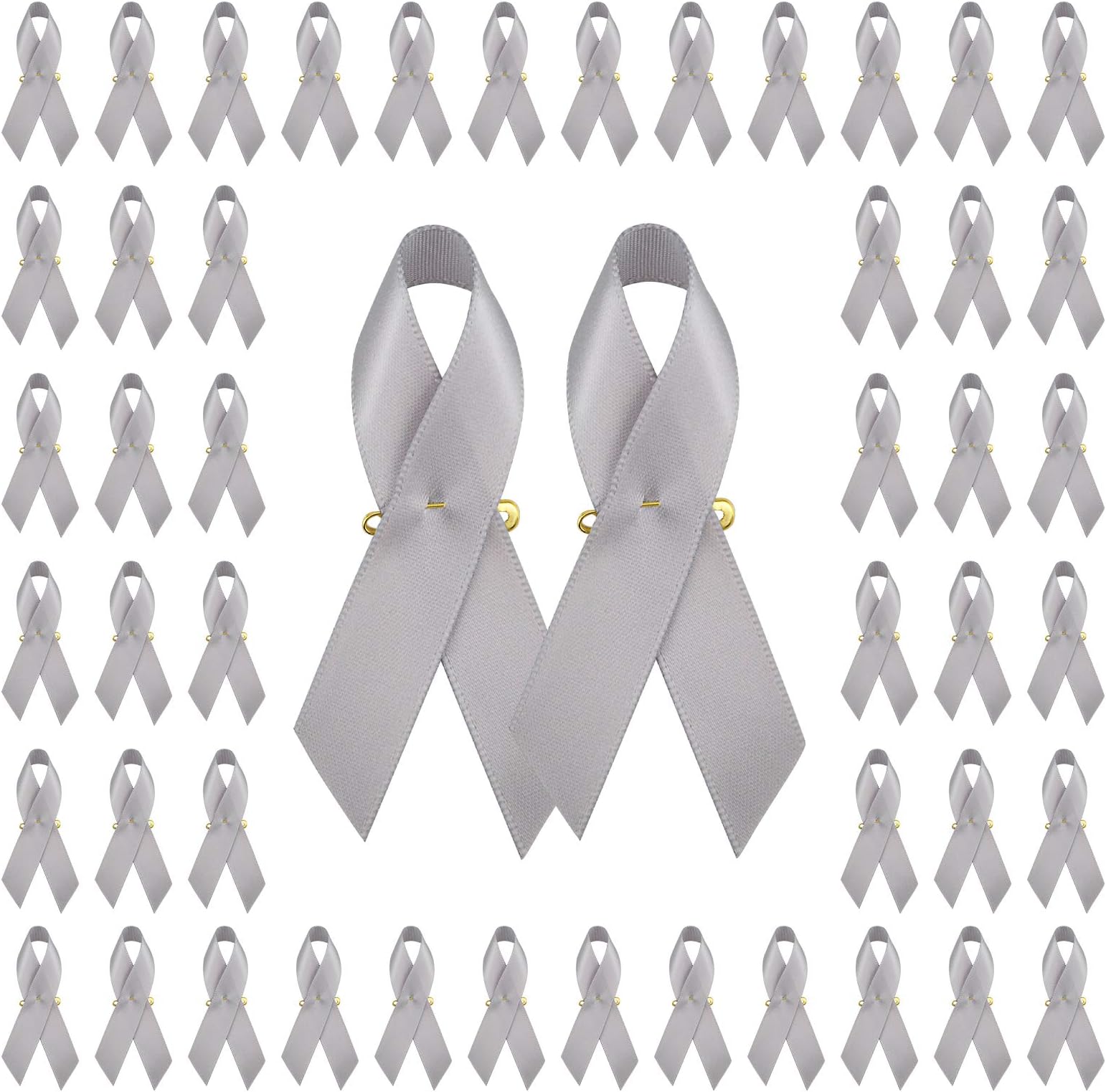 WANDIC 100pcs Satin Ribbon Brooch Pin with Safety Pins for Brain Tumor Parkinson Disease Awareness for Men Women 3x1.6 Inch Grey
