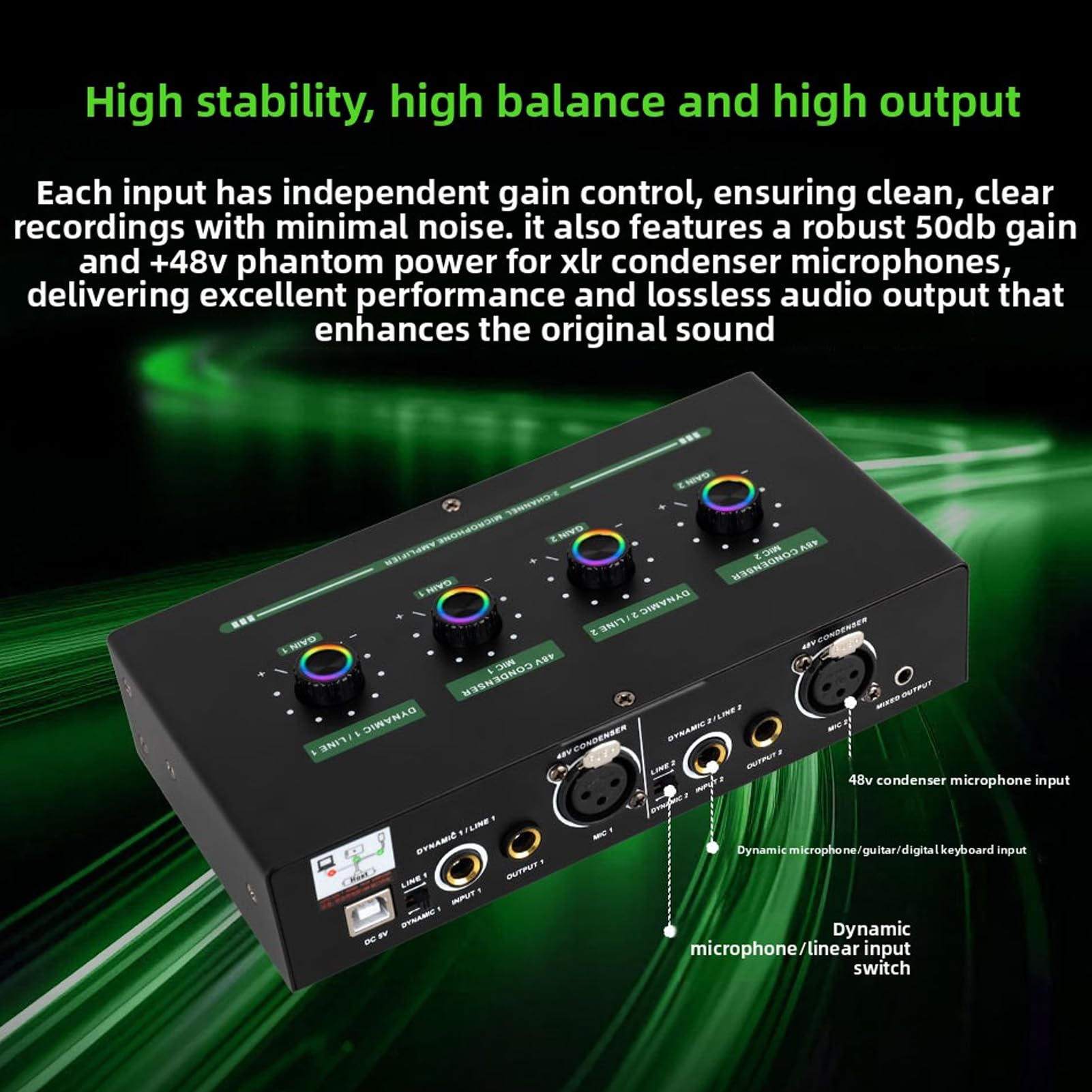 Asixxsix Alimentation Fantôme 2 Canaux 48 V, 4 Entrées Max 40 DB, Préampli de Microphone à Condensateur Dynamique avec Câble Audio 3,5 Mm 6,35 Mm pour D'enregistrement de Musique