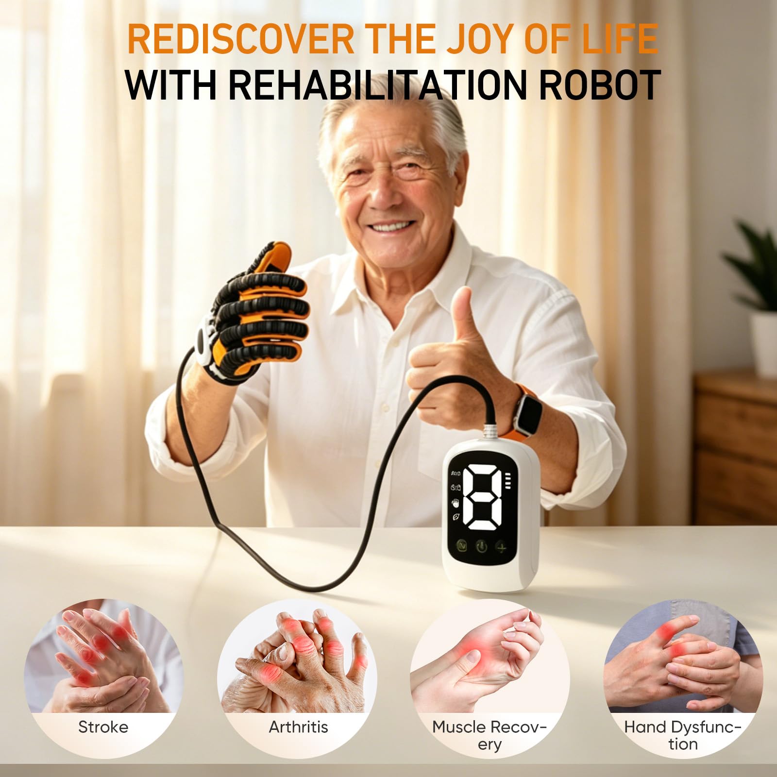 Rehabilitation Roboter Handschuhe, Handfunktionsstörungen Roboterhandschuhe mit Spiegelungsfunktion LED Anzeige, Einstellbarer Modus, 2400mAh, für Patienten mit Handfunktionsstörungen (Rechte Hand)