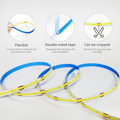 Miniatura 6 de COB Tira de luces LED 6000K 65.6ft DC 24V regulable blanco flexible luz de cinta LED para dormitorio, con control remoto y aplicación, luces de
