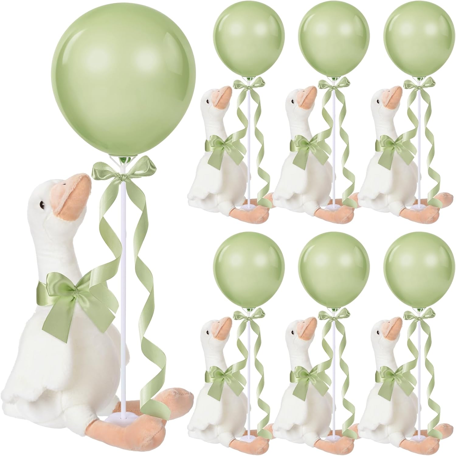 Chunful 6 Set Sage Green One Silly Goose 1st Birthday Decoration 11.8 Inch Soft Goose Stuffed Animal Baby Shower Centerpieces Swan Stuffed Animal with Balloon Table Decor for Wedding Gift Party Favor