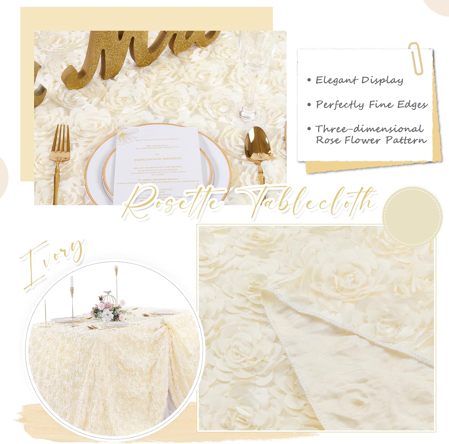 3D Satin Rosette Rectangle Tablecloth 90 x132 Inches Ivory Satin Raised Rosettes Tablecloth for Wedding Baby Shower Event Decoration
