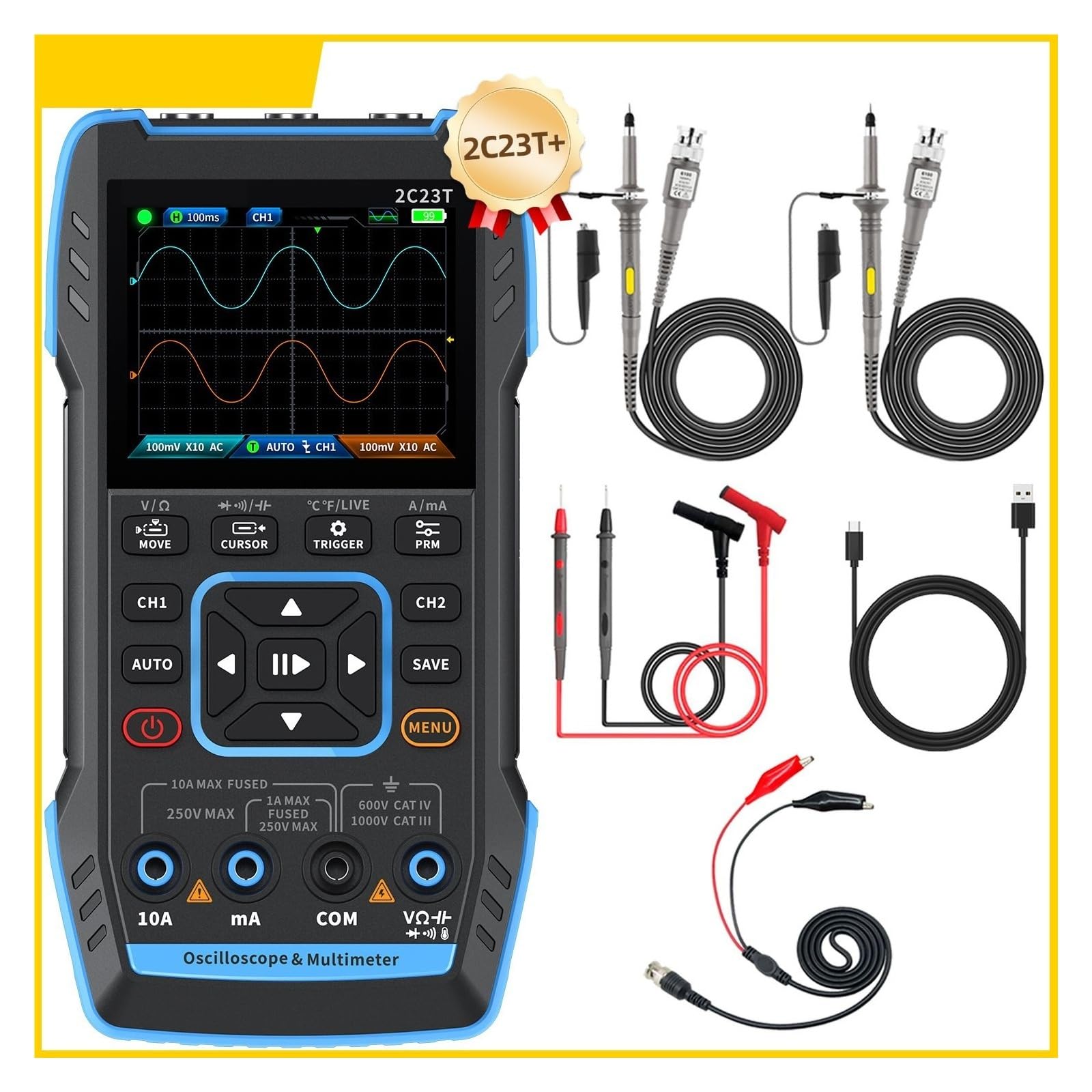 osciloscopio Multímetro Digital de Mano, osciloscopio de 10 MHz*2+, generador de señales con función de 9999 Cuentas(2C23T Option)