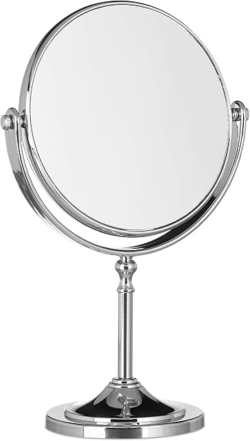 Relaxdays Magnifying Vanity Mirror, Round Standing Makeup Mirror, Cosmetics, Two-Sided, HWD: 28x18x10cm, Silver