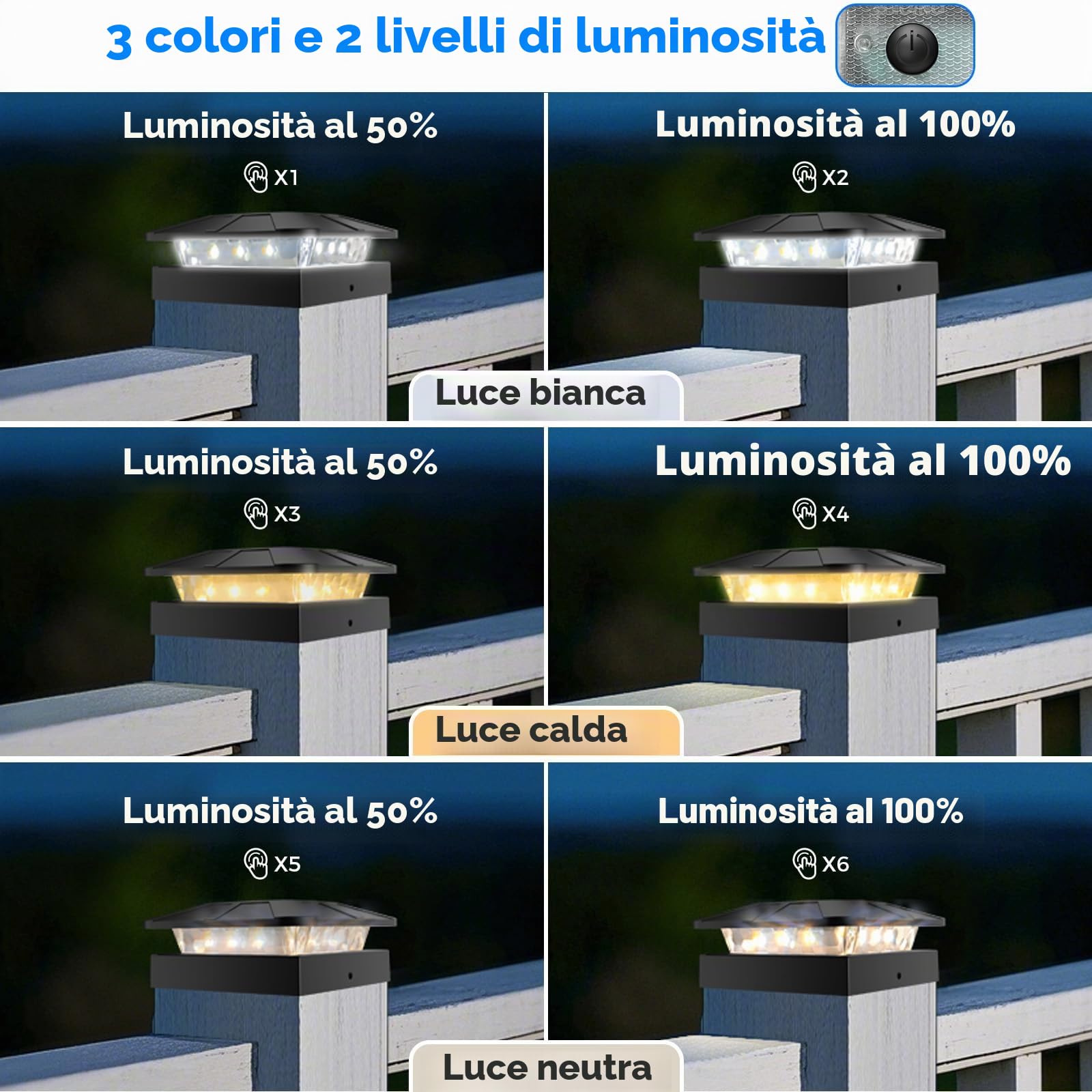 Peasur Lampade a energia solare, 3 modalità, 10 x 10 cm, pali per recinzioni, pali in legno vinilico, lampada solare impermeabile, decorazione da giardino per pali in legno, recinzione, patio, 4 pezzi