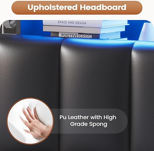 Miniatura 8 de AOGLLATI Estructura de cama Queen con elegante cabecero tipo estantería y estación de carga y luces LED, estructura de cama tamaño Queen con 4