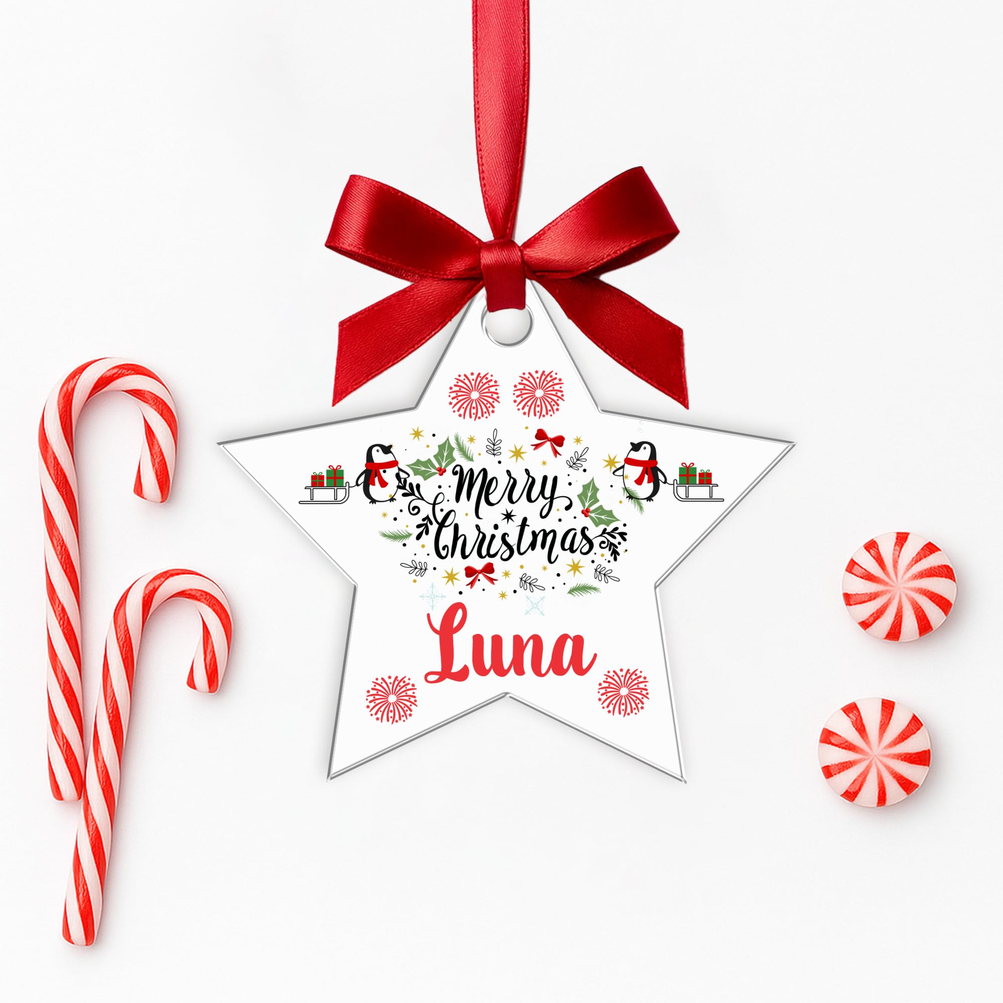 Kreatesquare Star Personalised Christmas Bauble Xmas Tree Decoration With Customised Name And Red Ribbon Shaped Baubles | Celebrate Love & Togetherness – Custom Christmas Ornament Keepsake