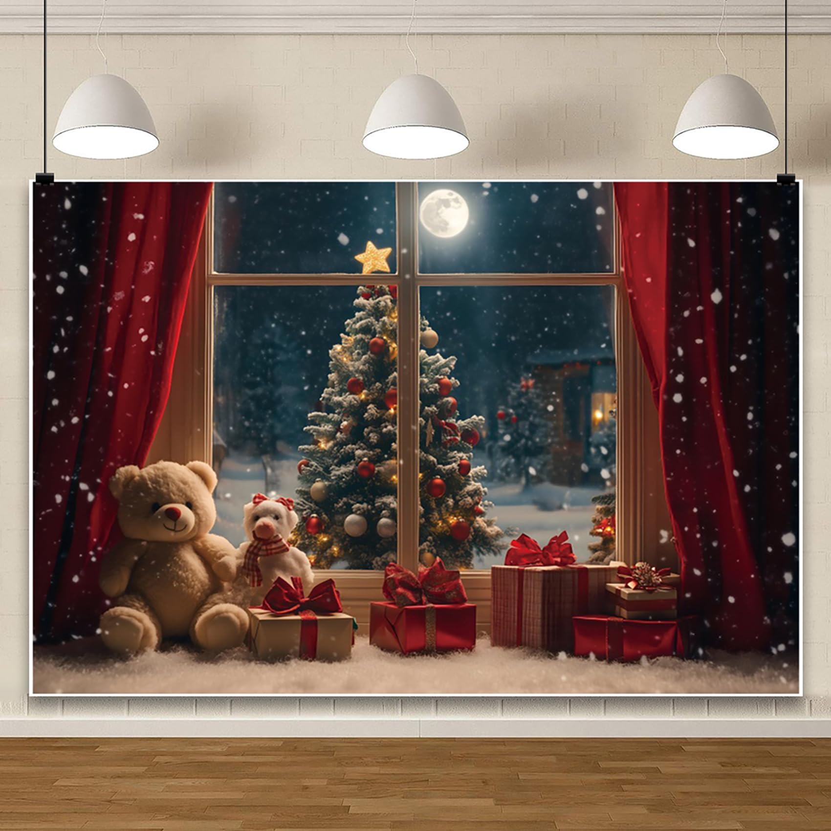 6x3m Sfondo fotografico natalizio Scena notturna invernale innevata Albero di Natale di lusso Sfondo fotografico Tenda rossa Orso carino Ritratto di Capodanno Studio Prop
