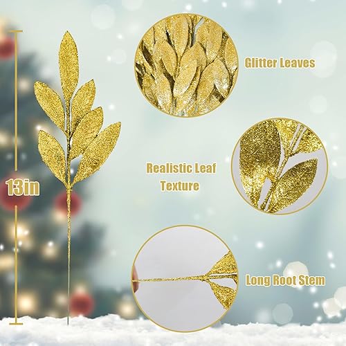 Miniatura 5 de 60 hojas doradas con purpurina de Navidad, 13 pulgadas, flores doradas artificiales con purpurina, ramas y aerosoles para árbol de Navidad, coronas,