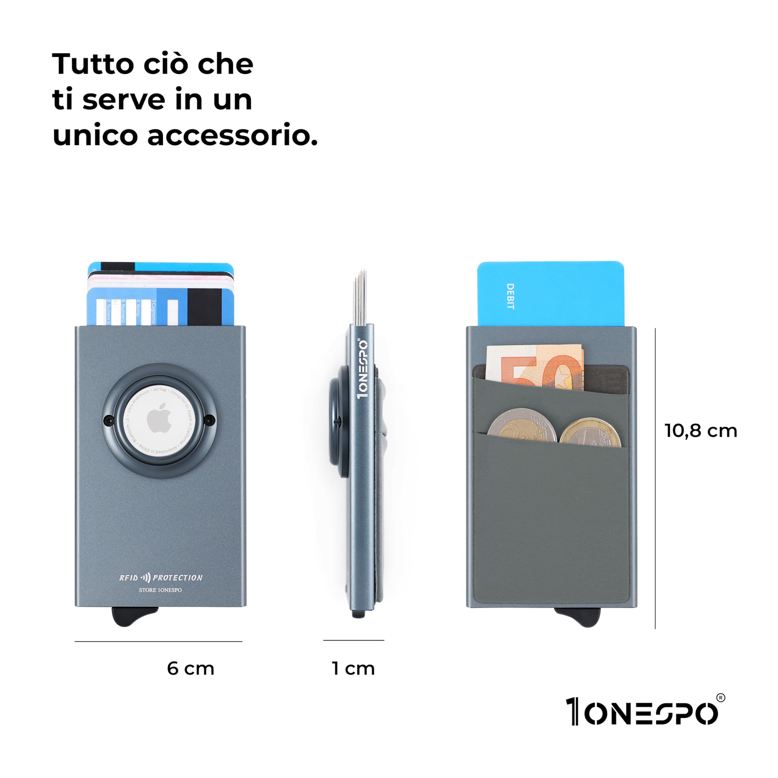 1onespo ULTRASLIM Porta carte di credito uomo - Portafoglio Airtag- Porta tessere e documenti - Portacarte protezione RFID, Grigio