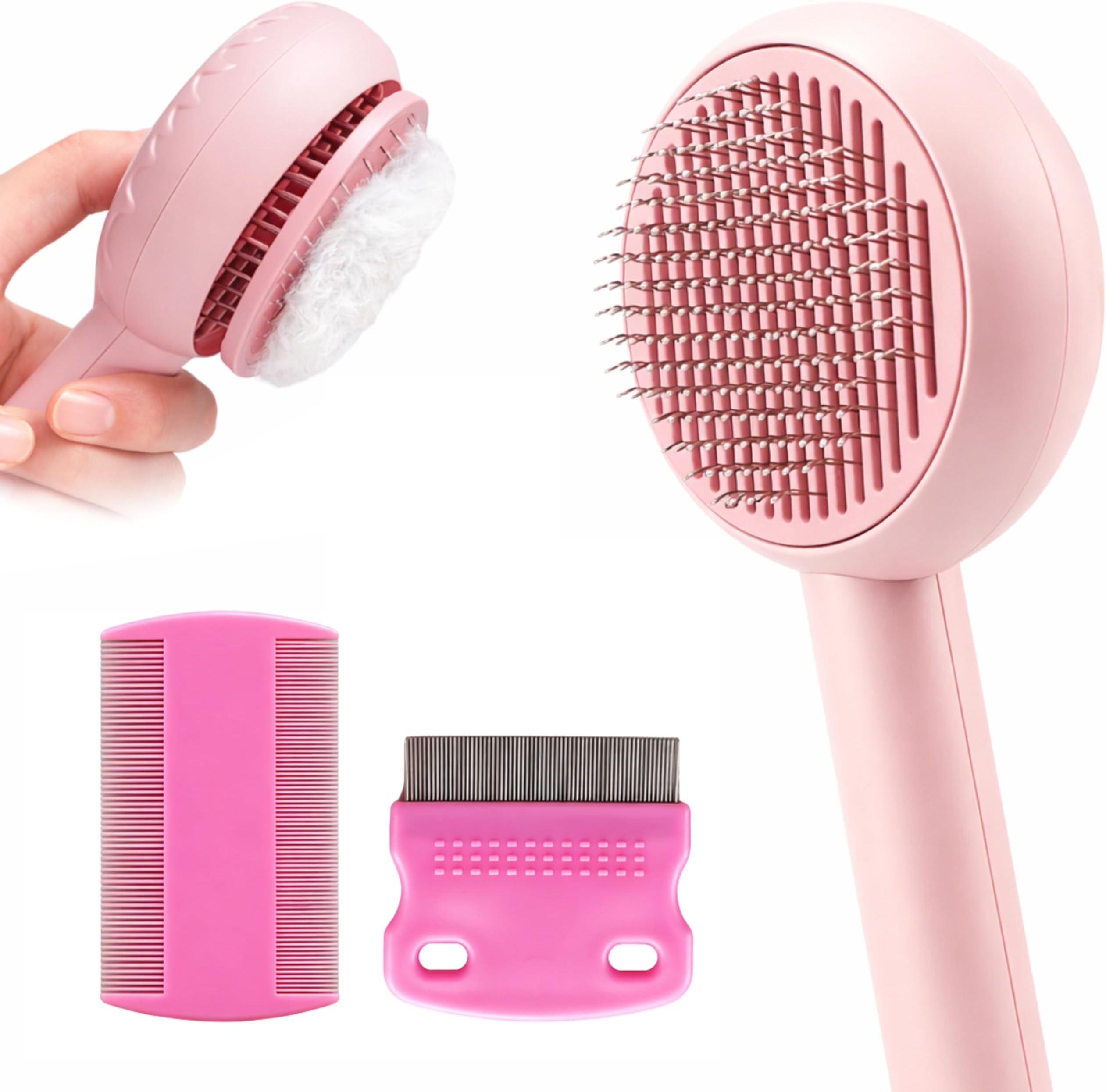 Flea Comb 7 Pieces Set for Cats and Dogs to Kill Fleas and Eggs, Kitten Comb Stainless Steel Lice and Tick Combs for Cats (Pink Colour) (Hair Brush)