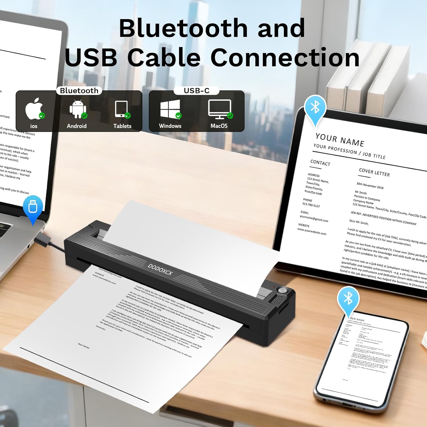 DODOXCX T11 Portable Printer showing Bluetooth and USB-C connections