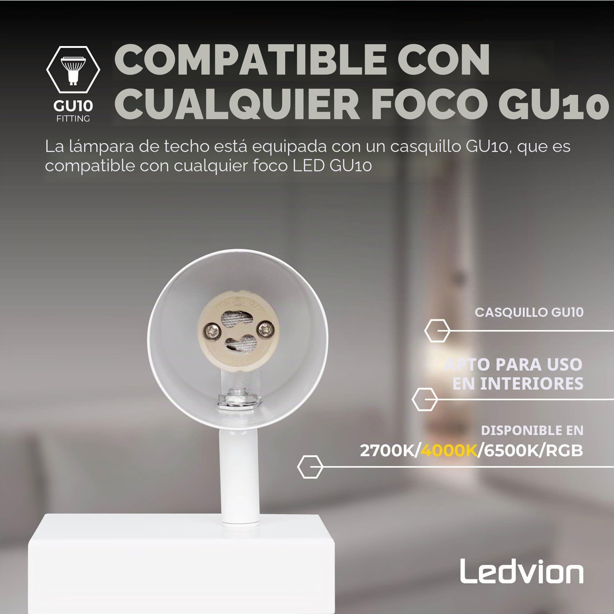 Ledvion - Foco de Techo LED, Blanco, 4 Luces, Regulable, 5W, 4000K, Rectangular, Casquillo GU10, IP20, Inclinable, Incluye Bombilla GU10 | Con bombilla suministrada para pasillo, salón, cocina, dormitorio e interior seco