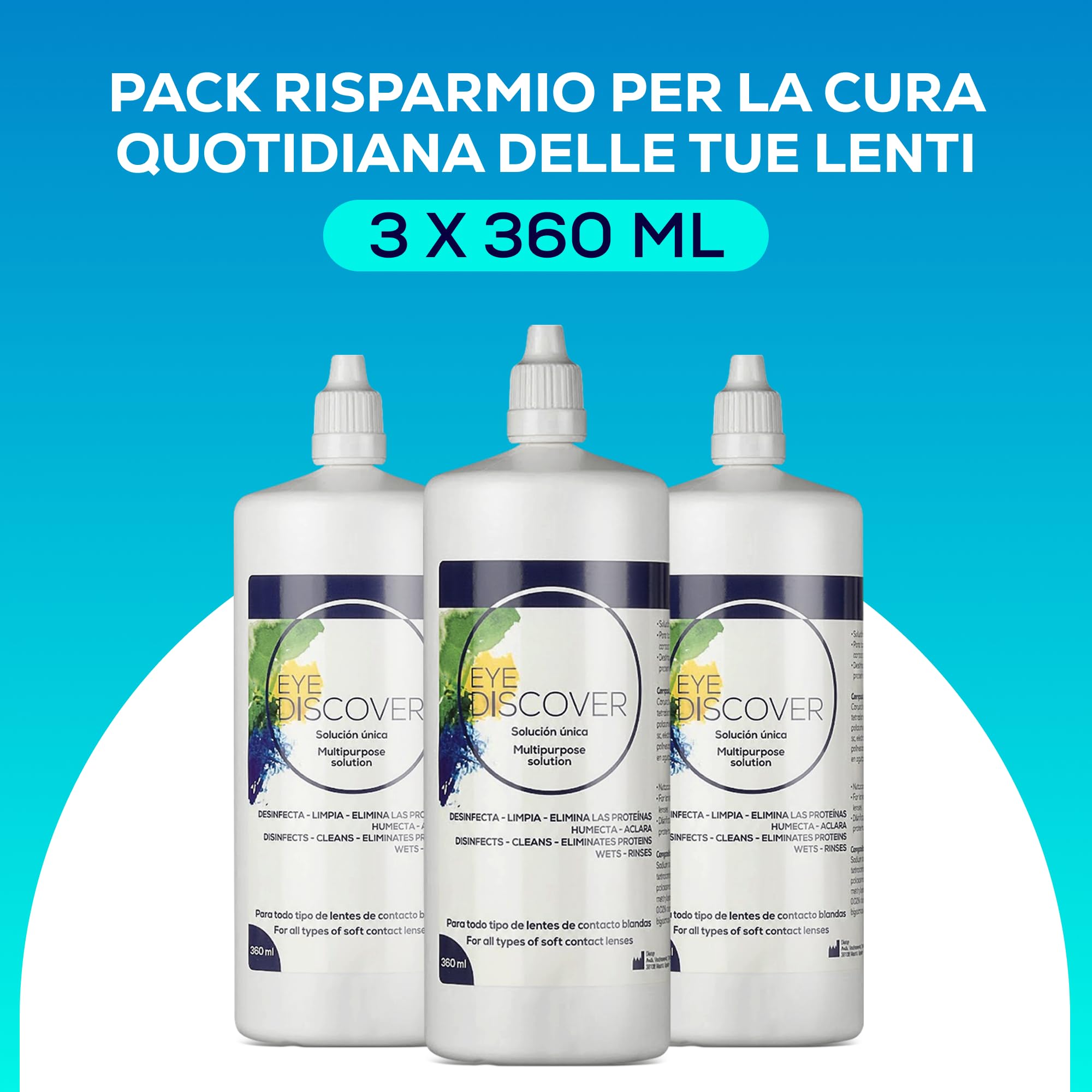 Soluzione unica per lenti a contatto morbide | 3 x 360 ml, 2 portalenti antimicrobici | Disinfetta, elimina proteine, idratazione | Comfort e manutenzione giornaliera