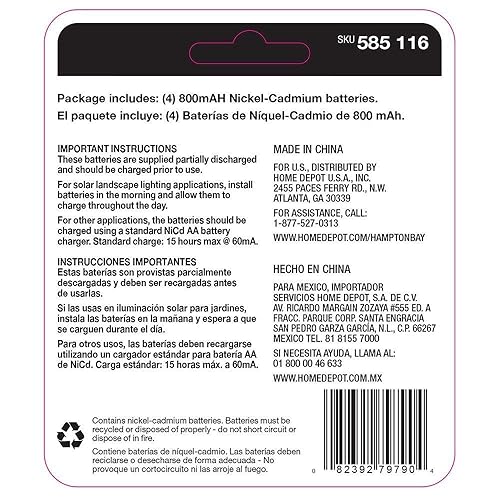 Miniatura 3 de Hampton Bay 79790 Baterías solares NiCd de repuesto de 1,2 V (800 mAh) para luces LED solares al aire libre, juego de cuatro baterías