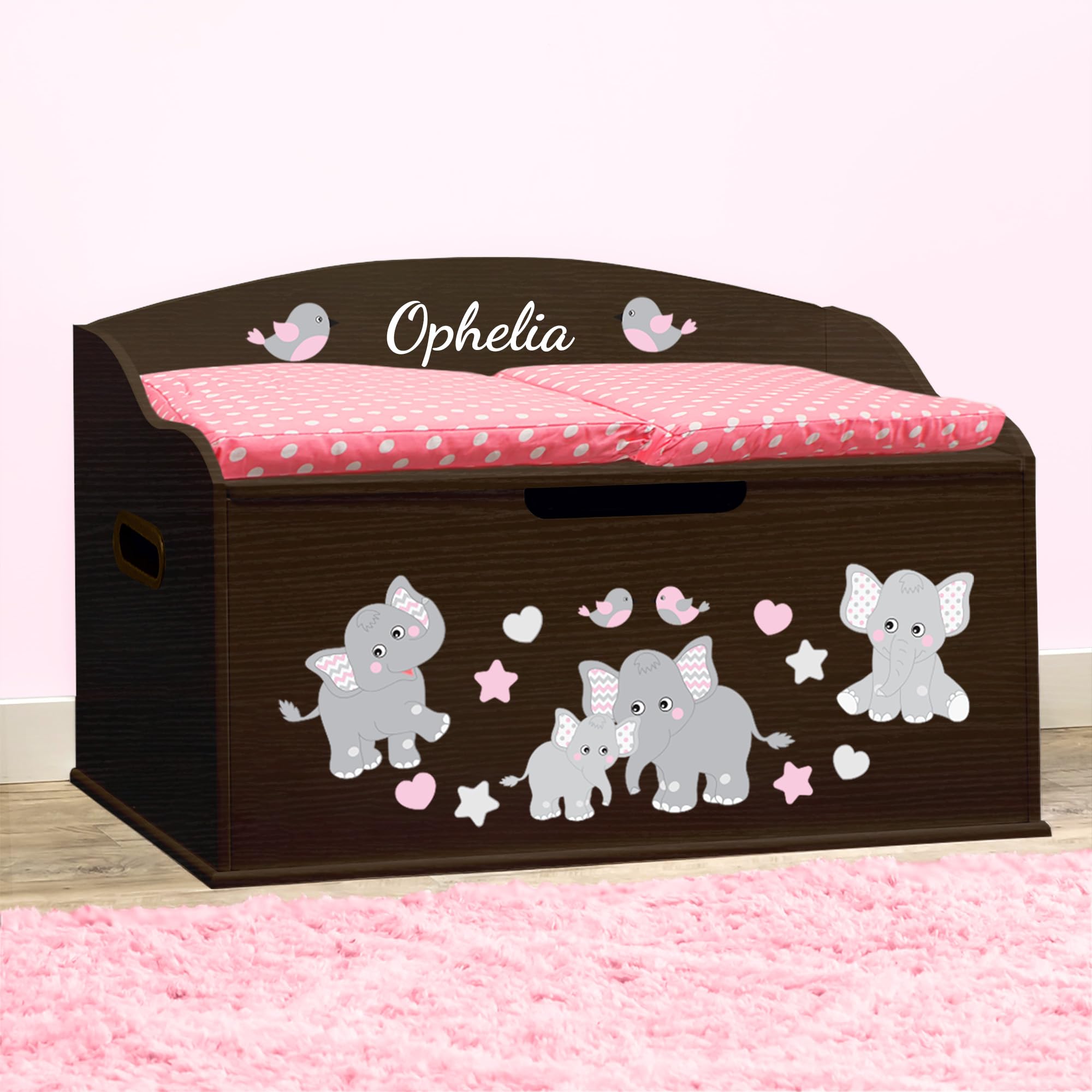 DIBSIES Personalized Creative Wonders Toy Box, Pink Elephants, 30 x 19.25 x 18 inches, Soft-Close Lid (Espresso)