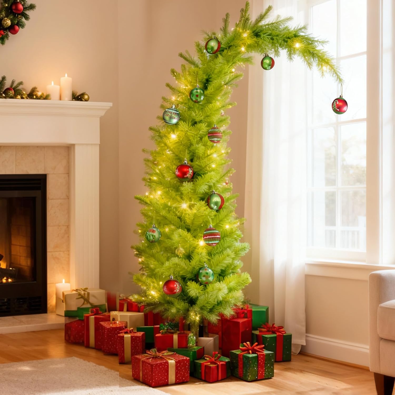 Whimsical Prelit Christmas Tree 6FT - 150 LED Lights & Remote Timer, Bendable Curved Top, Includes Hanging Ornaments for Indoor & Outdoor Playful Holiday Decor 6ft-PVC