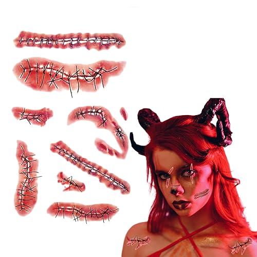 10 hojas de tatuajes temporales para Halloween para adultos y niños, aterradoras y realistas, falsas heridas sangrientas, cicatriz de cicatriz,