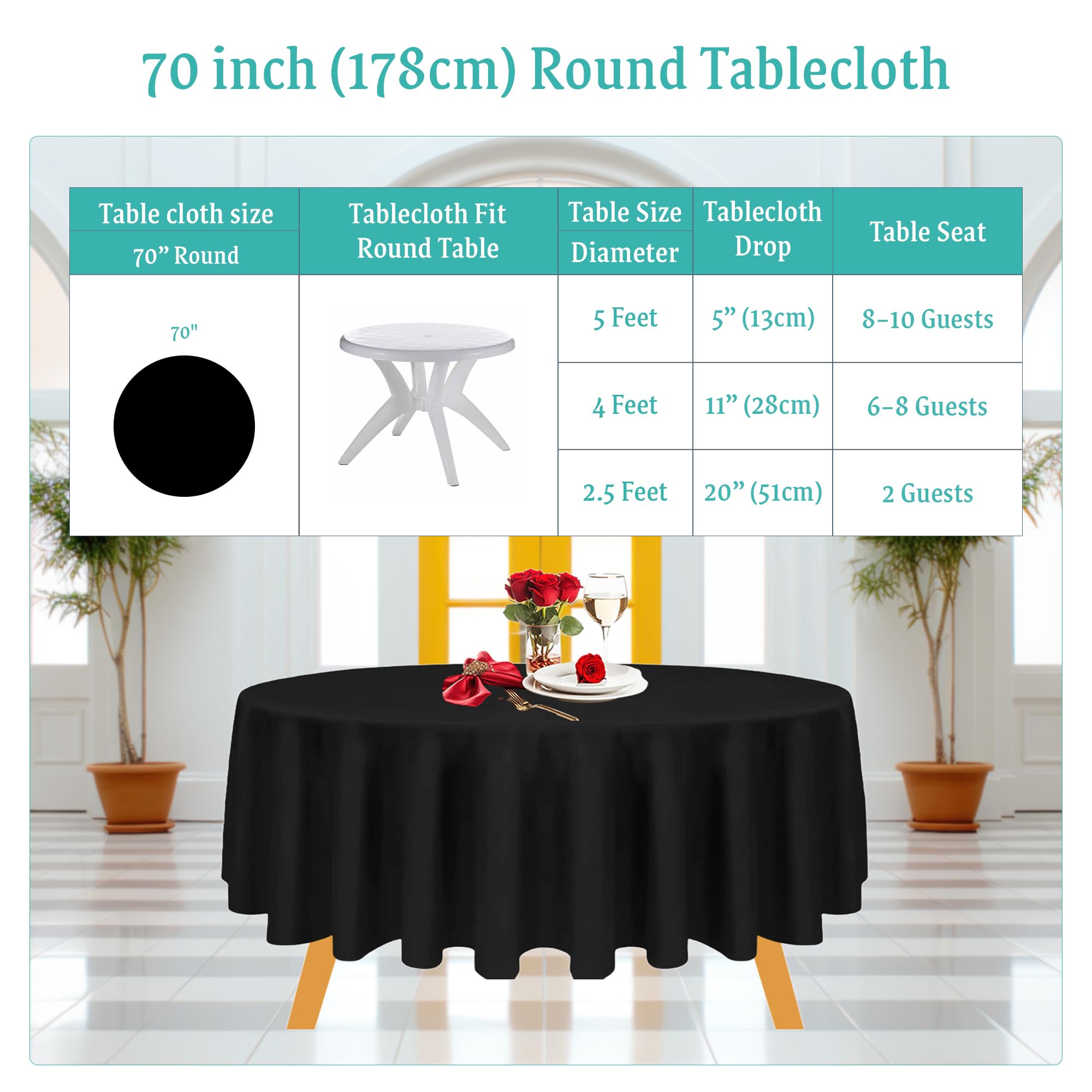 Trimming Shop Black Cotton Polyester Round Table Cloth Cover for Dining & Christmas Party 70 Inches (Pack of 5)