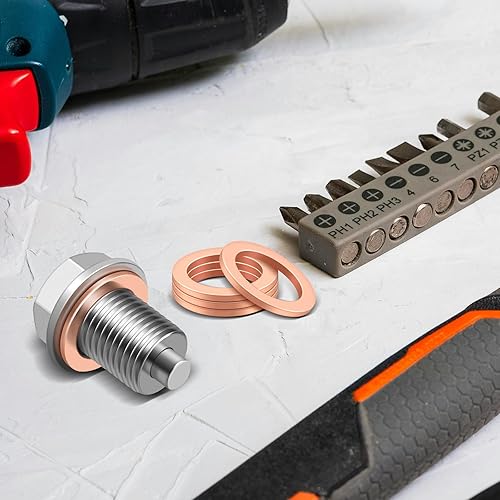 Miniatura 7 de Tapón magnético de drenaje de aceite M14 × 1.5, perno de tuerca de drenaje de bandeja de aceite de acero inoxidable 304 con 10 arandelas de cobre,