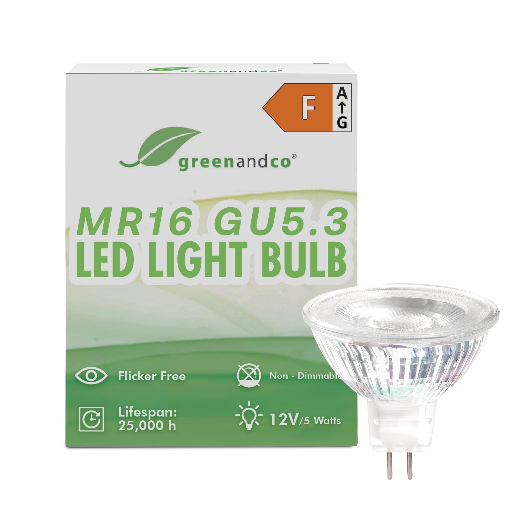 greenandco MR16 GU5.3 | Replaces 40W | Warm White 3000K | 5W 430 lm | 38° | No Flicker | COB LED Light Bulb | 12V AC/DC | Non dimmable