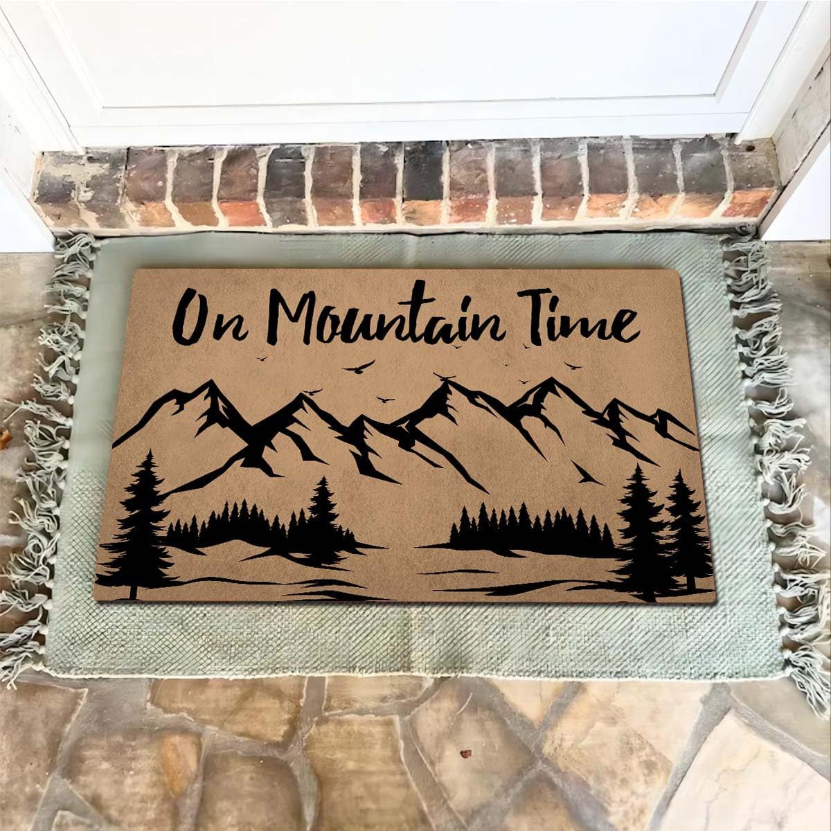 Funny Welcome Doormats 15.9"(W) X 23.7"(L) Front Porch Doormat Personalized Prank Gift Mats for The Entrance Way Outside (On Mountain Time Rustic Mountain Landscape)