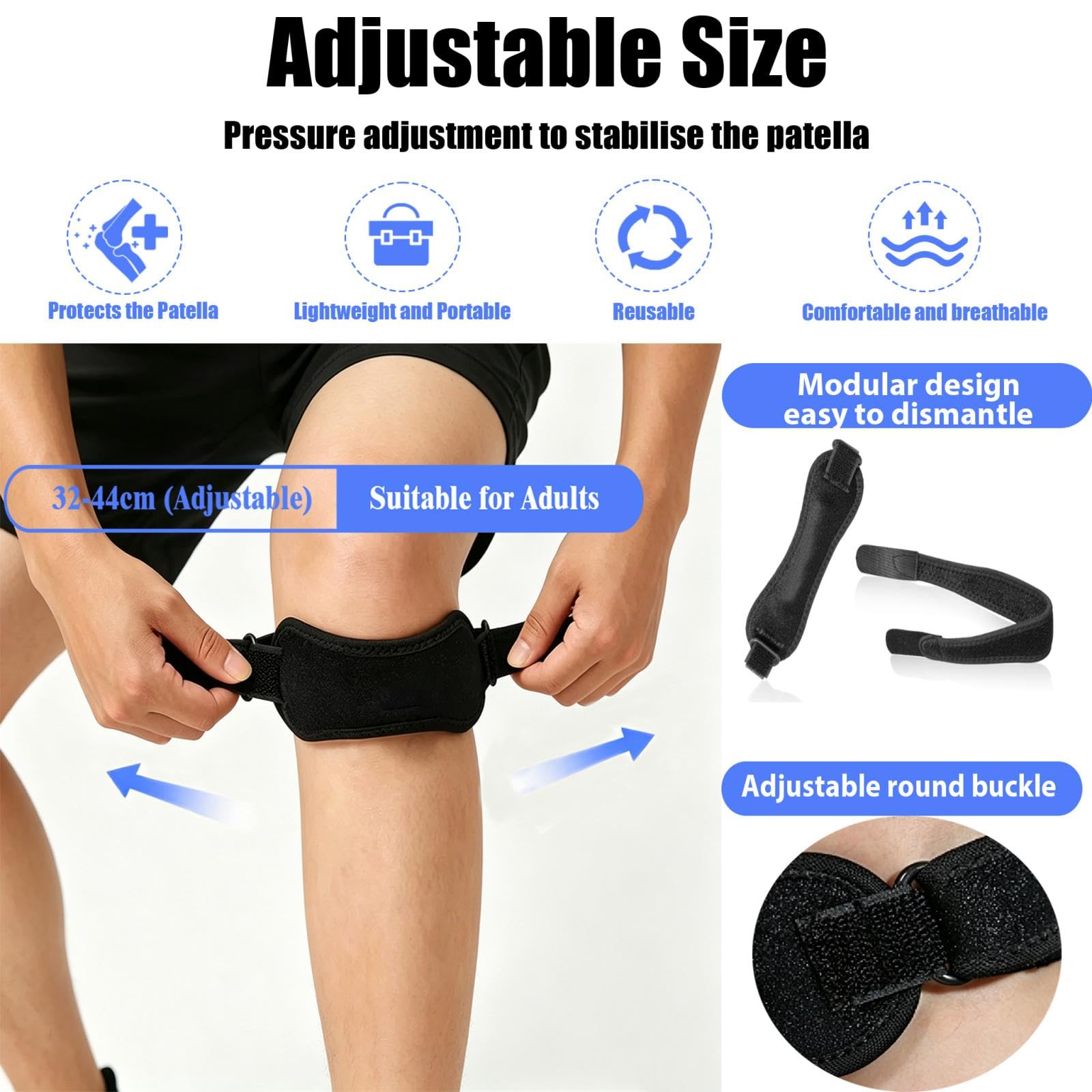 2 Piezas Rodillera Rotuliana Ajustable, Cinta Rotuliana, Rodilleras Menisco y Ligamento con Correa para Tendón Rotuliano, para Senderismo, Saltar, Fútbol, Alivio de la Tendinitis, Negro