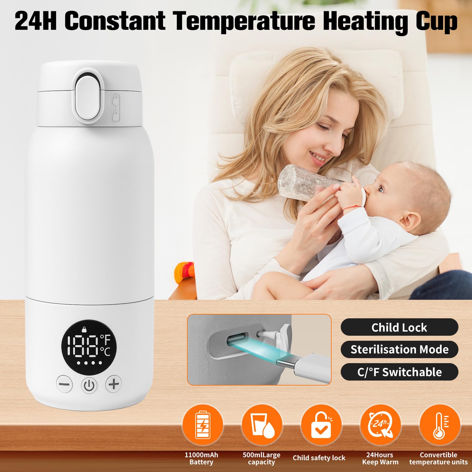 Calentador de biberones portátil para bebé, calentador de biberones, calentamiento rápido de 2 minutos, 500 ml, gran capacidad, con función de esterilización, para coche, camping y viajes
