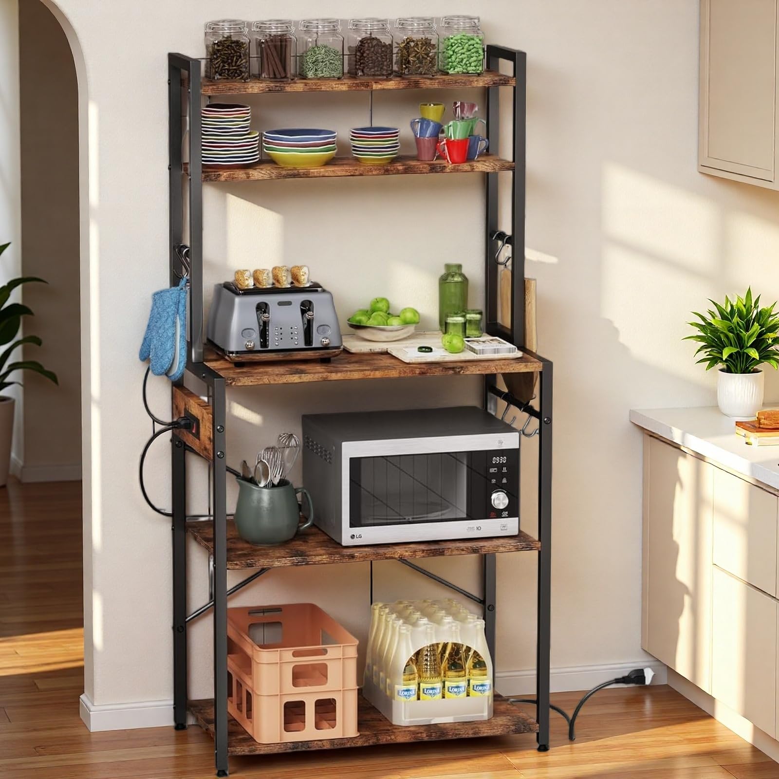 Luckyeestar 5 Tier Kitchen Bakers Rack with Power Outlet，25.2 Inch Metal Storage Shelf for Microwave, Coffee Bar, Spice Organizer, Freestanding