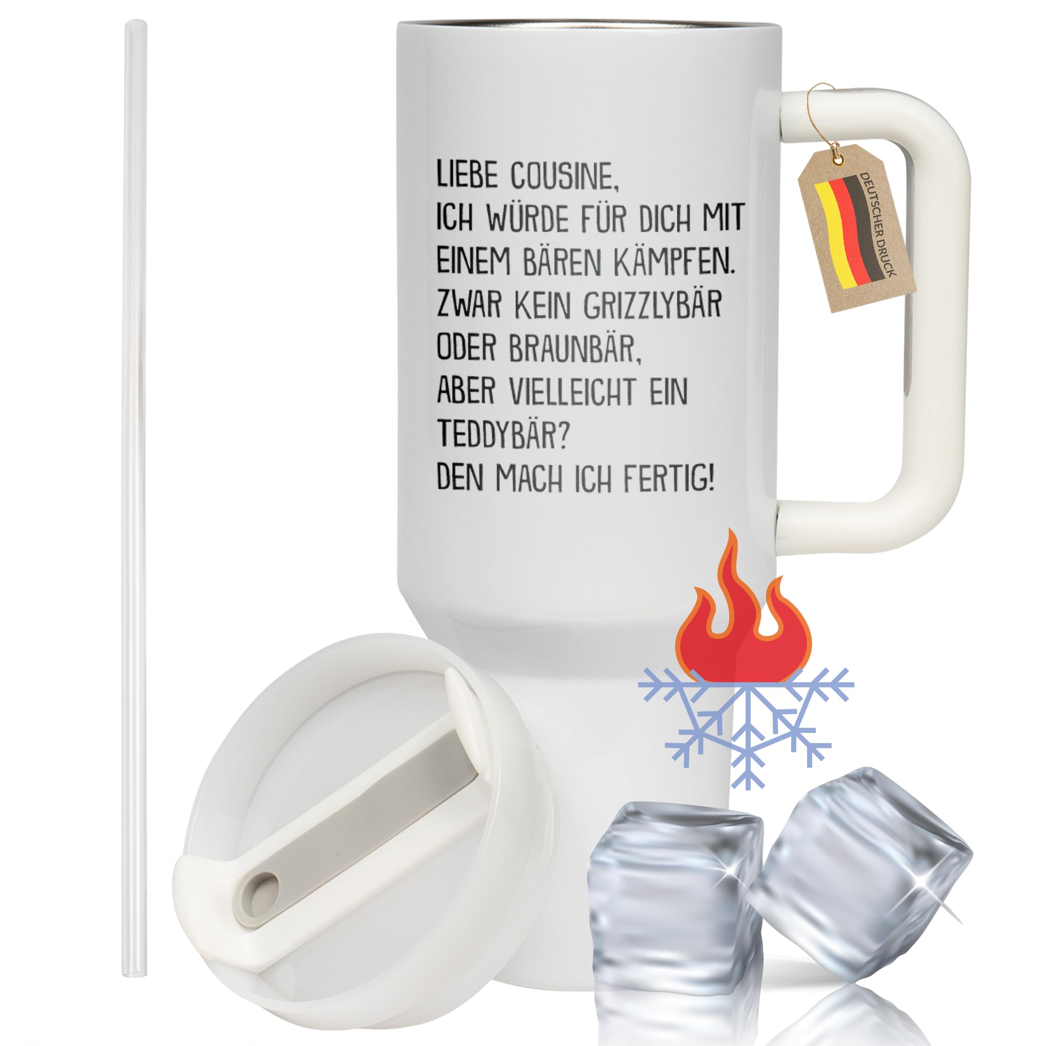 XXL Thermobecher für Cousine – Lustiges Geschenk zum Geburtstag & Weihnachten – Edelstahl Trinkflasche, Weiß mit lustigem Bären Spruch (WIEDERVERWENDBAR)