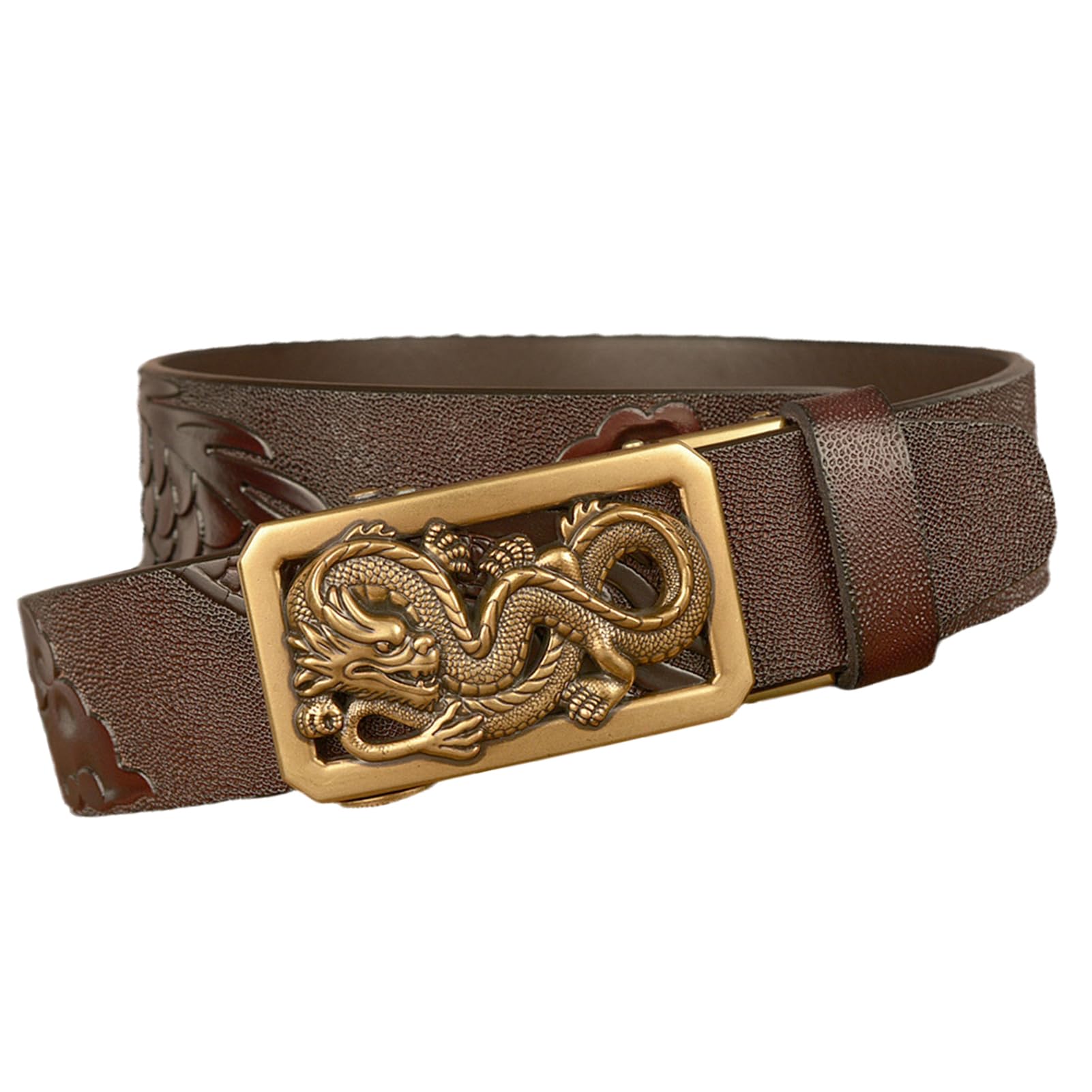Cinturón De Trinquete Deslizante - Hebilla Automática Con Grabado Dragón, Ajustable, Estilo Clásico Y Moda