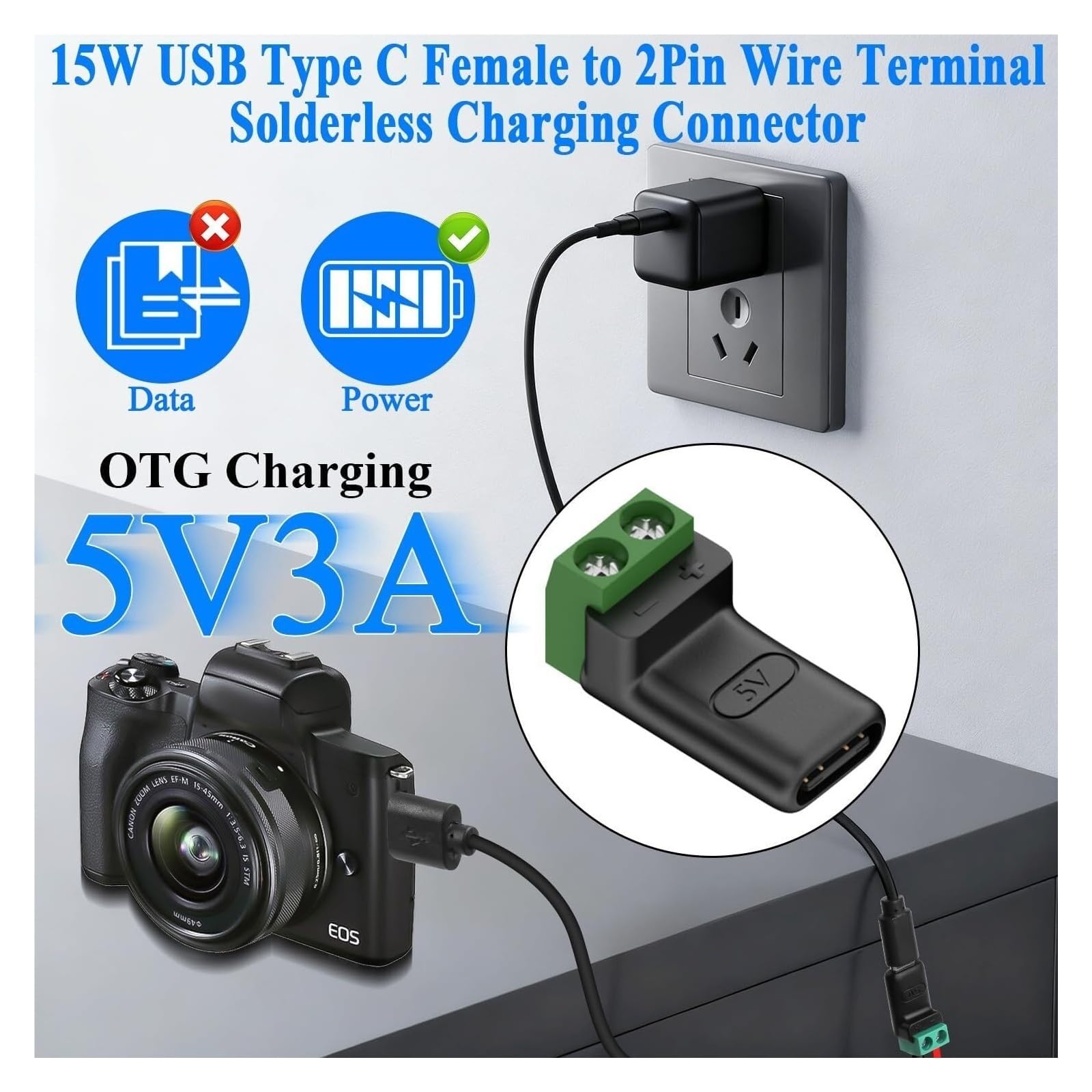 USB C/Micro to 2 Pin Screw Terminal 5V Solderless Adapter for DIY Charging Cable Repair (4PCS, Micro-Male Charging)
