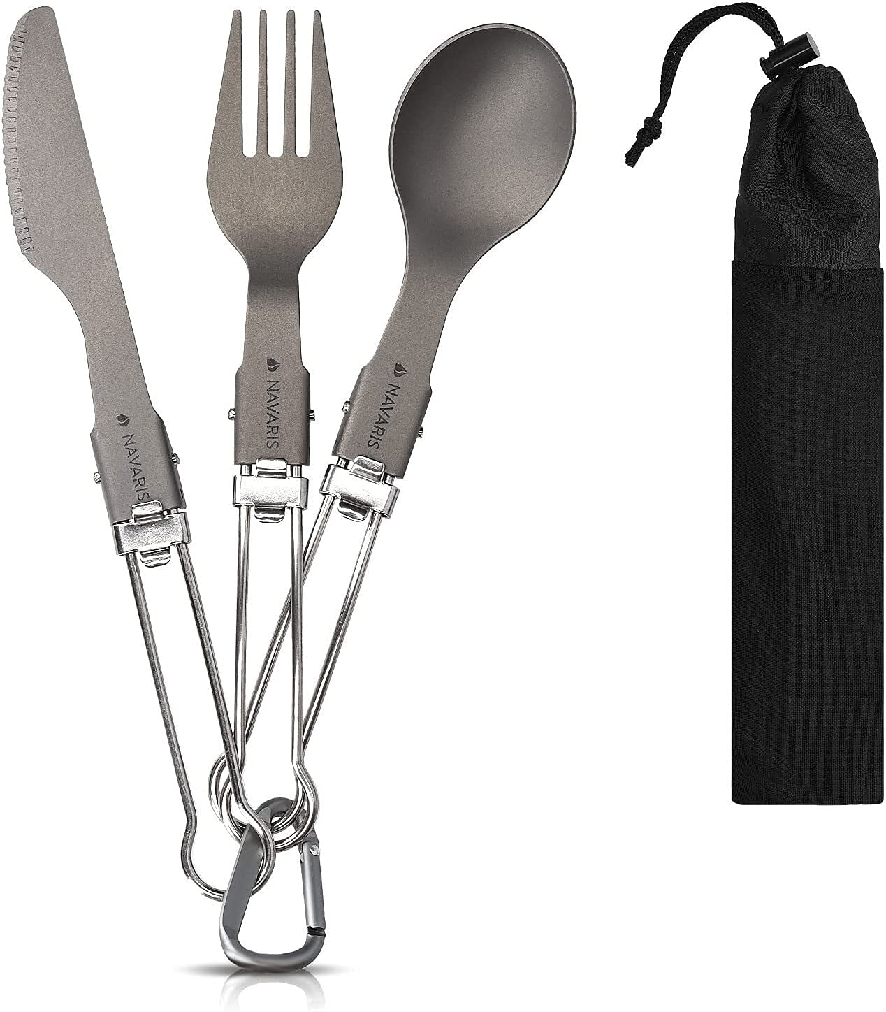 Set di Posate da Campeggio - Pieghevole Leggero Pieghevole Argenteria for Zaino in Spalla, Escursionismo - Coltello, forchetta e Cucchiaio con moschettone e Borsa