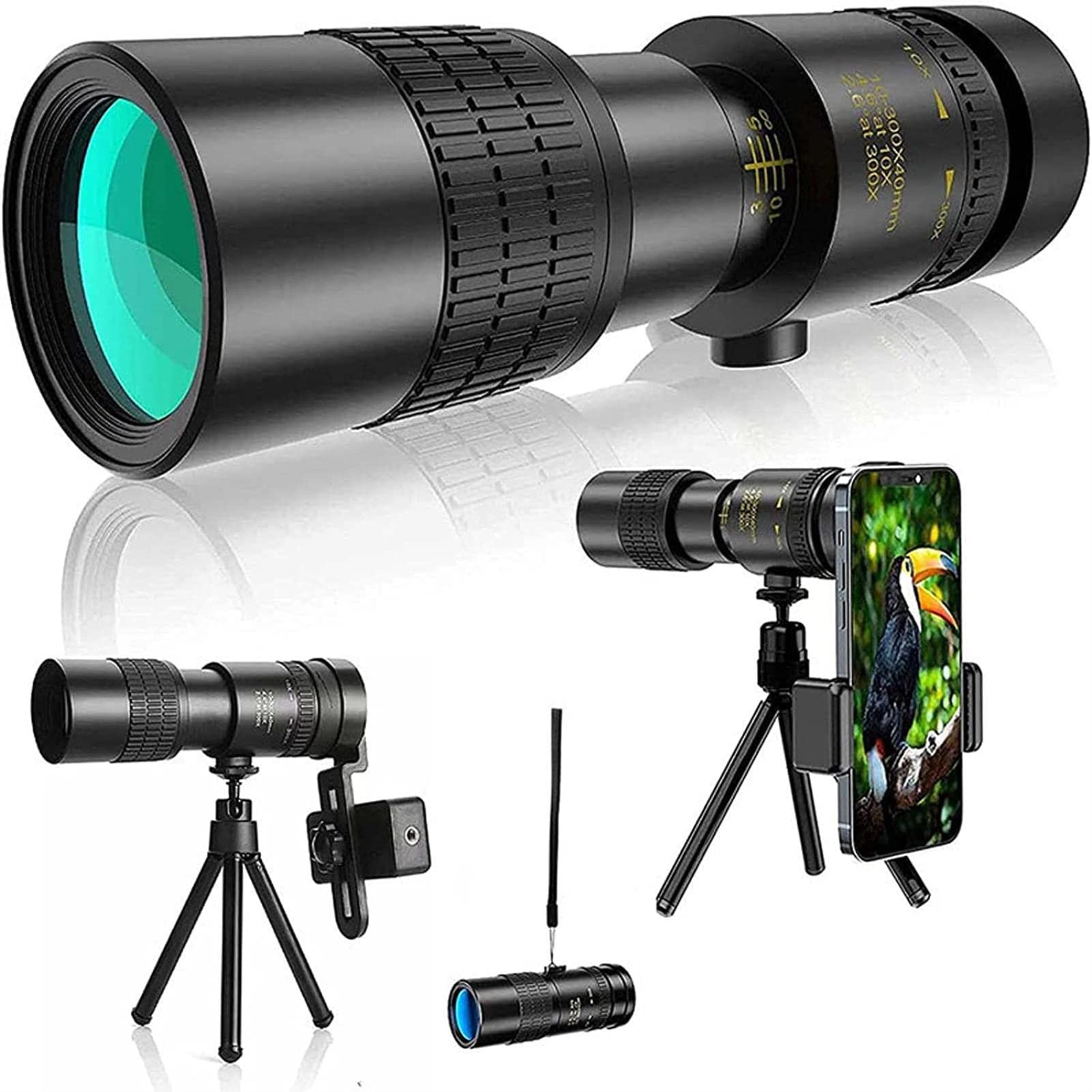 teleskop, Monokularowy teleskop 4K 10-300x40mm HD Zoom o dużej mocy z pryzmatem, uchwytem na smartfona i statywem