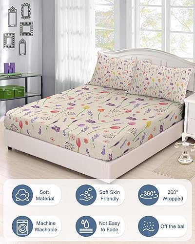 Miniatura 3 de Fitted Sheet Queen Size Bed Sheets with Deep Pocket,Farmhouse Flowers Tulips Lavender Soft Microfiber Bed Sheet with Pillow Case,Pastoral Floral on