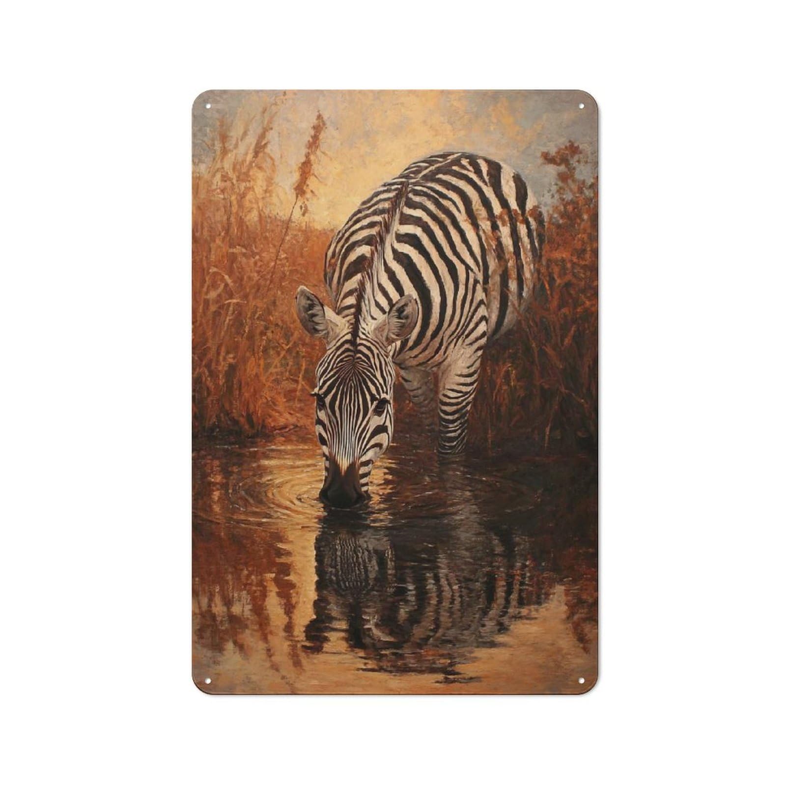 Junmoney Zebra Drinking At Sunset Rustic Tin Wall Plaque 30X20cm For Garage Or Workshop, For Home Interiors, Feature Walls And Decorative Displays