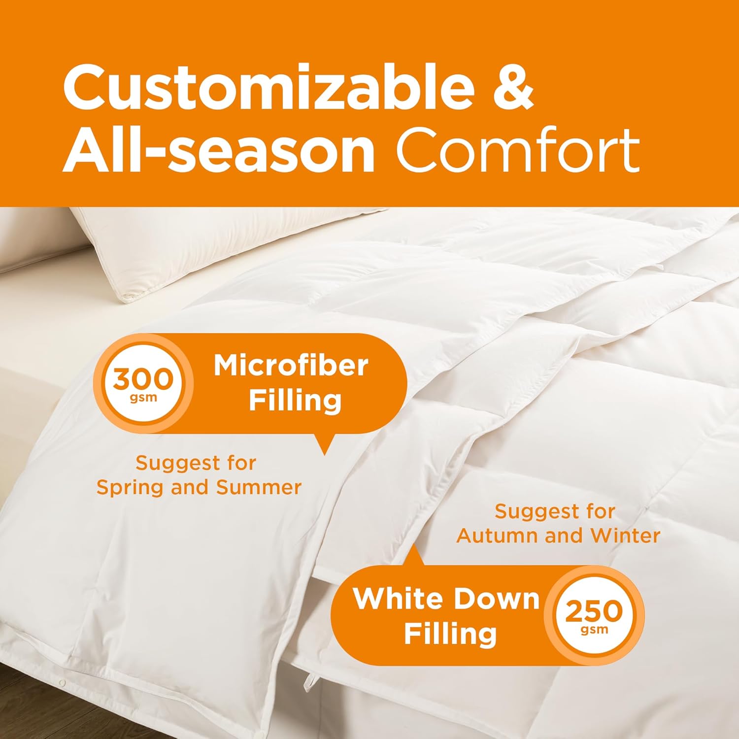Sophia & William 2 in 1 All Season Comforter Set, 1 Feather & Down Comforter and 1 Microfibre Comforter, Snap Button to Attach, Fluffy Bedding Comforter with 100% Cotton Cover, Queen, White