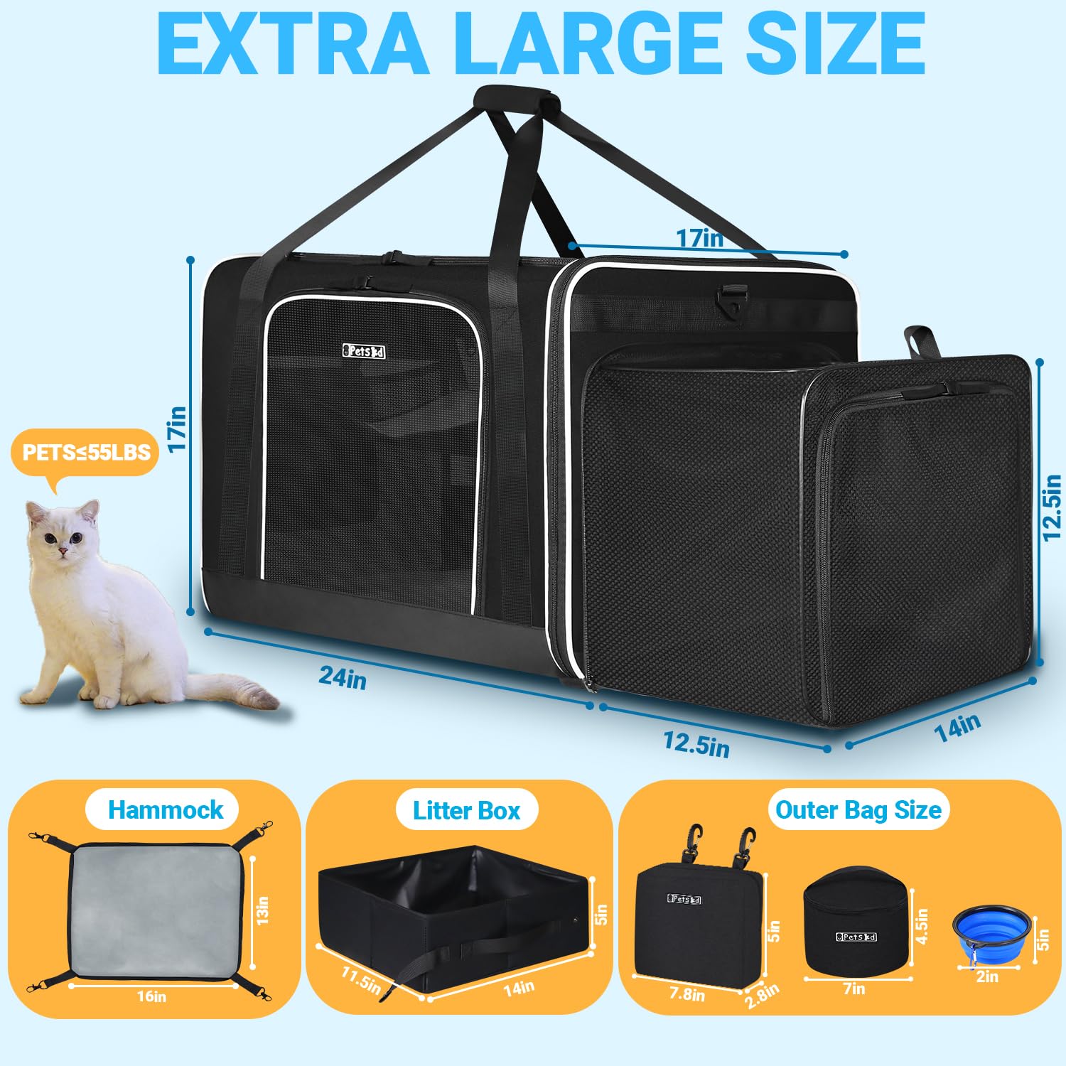 Petskd Große Haustier-Tragetasche, Tiertransporttasche, Tragetaschen für Katzen, 61 x 43,2 x 43,2 cm, für große Katzen, seitliche erweiterte Katzentrage mit Katzentoilette für Autoreisen, Schwarz